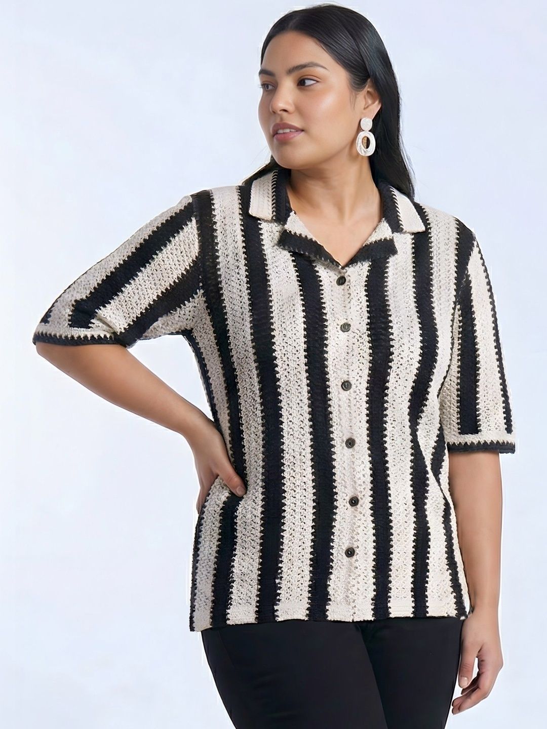 Black And White Stripe Crochet Shirt — view 4