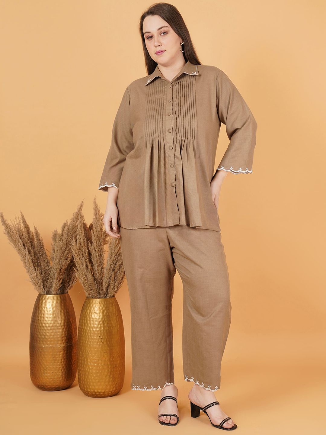 Brown Cotton Collar Embroidered Co Ord Set — view 1