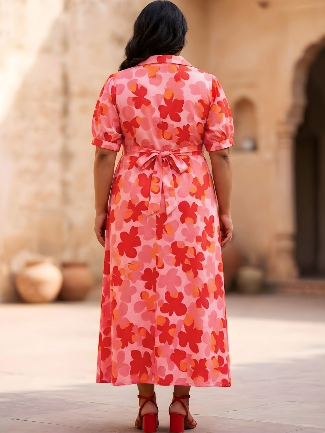 Red and Orange Floral Print Plus Size Dress — view 2