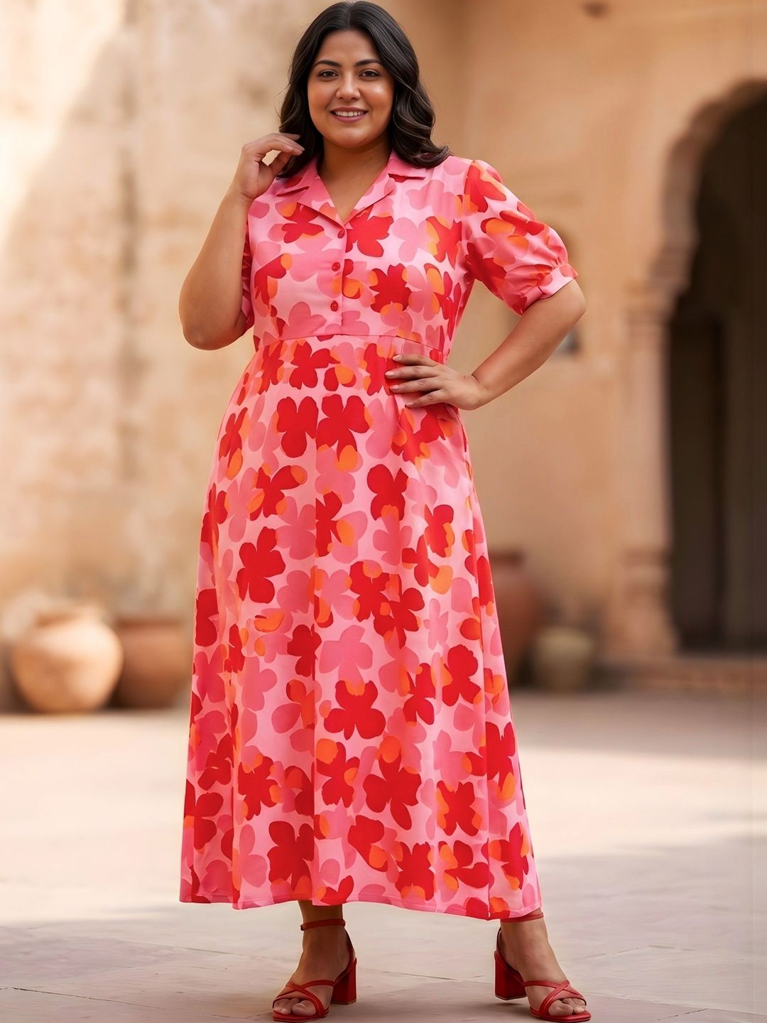 Red and Orange Floral Print Plus Size Dress — view 1