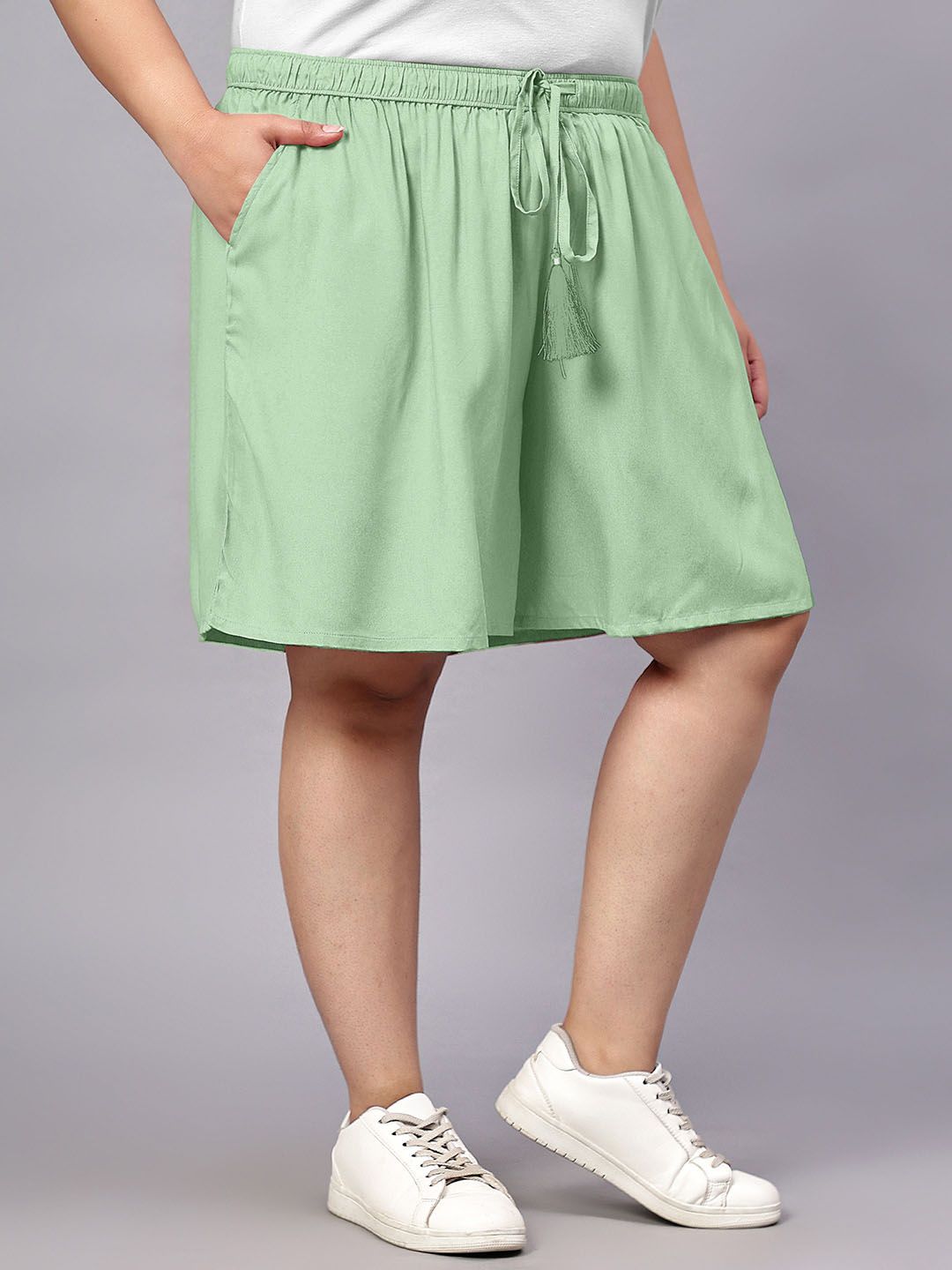 Green Solid Plus Size Flared Shorts — view 2