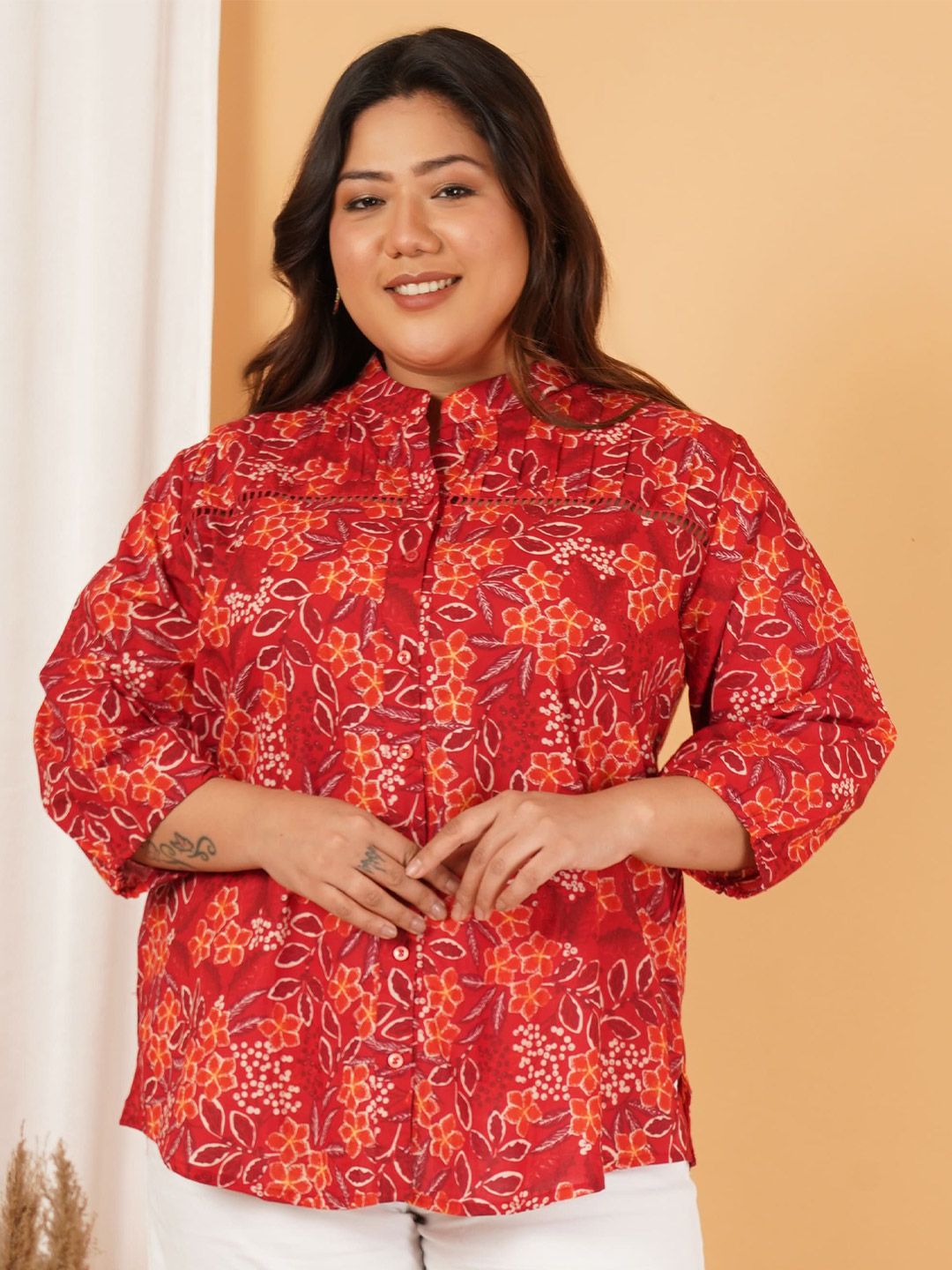 Red Floral Print Plus Size Lace Shirt — view 1