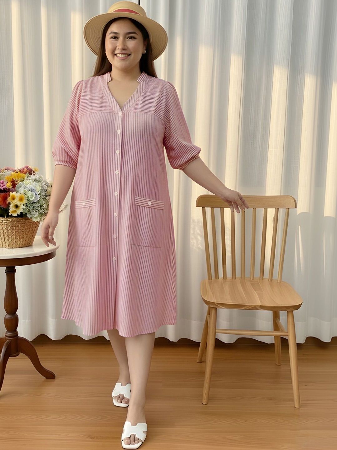 Pink Stripe Print Linen Midi Dress — view 1