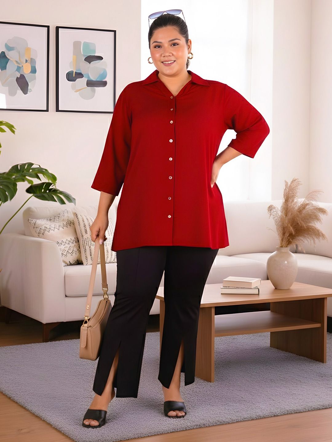 Maroon Longline Plus Size Shirt — view 1