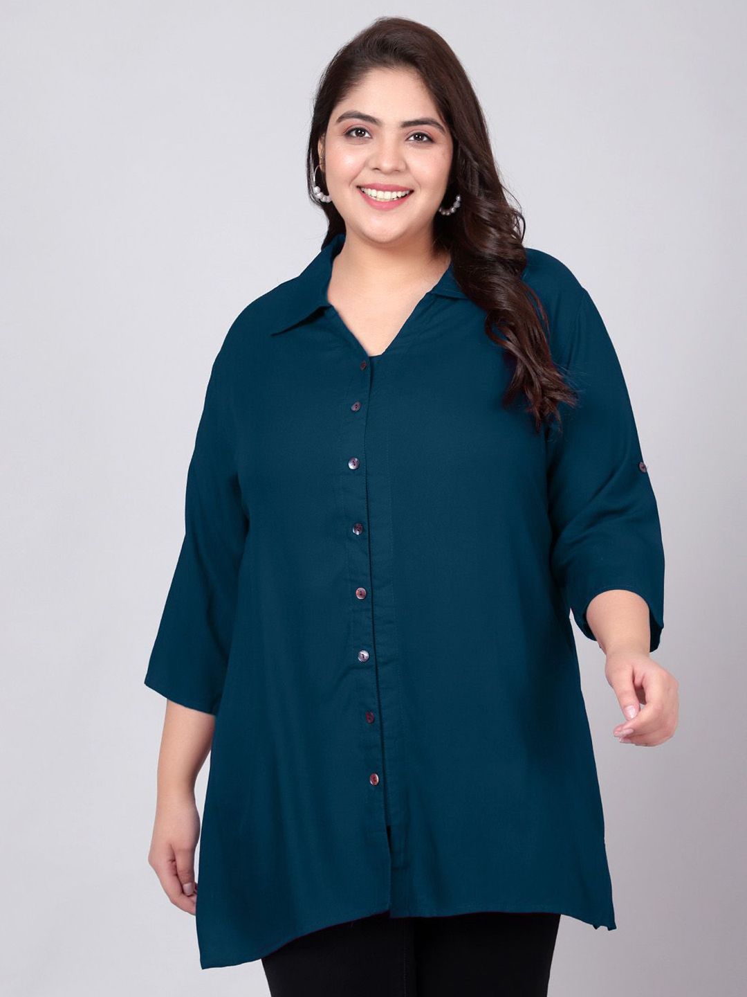 Peacock Blue Longline Plus Size Shirt — view 1