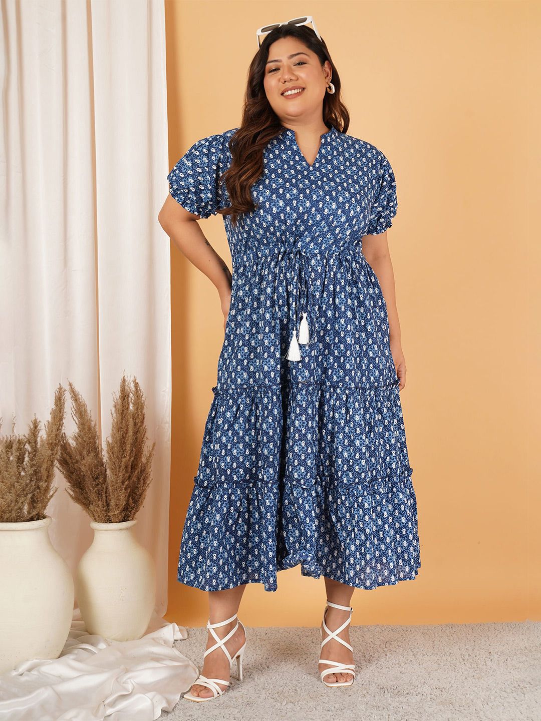 Blue Floral Tiered Plus Size Dress — view 1