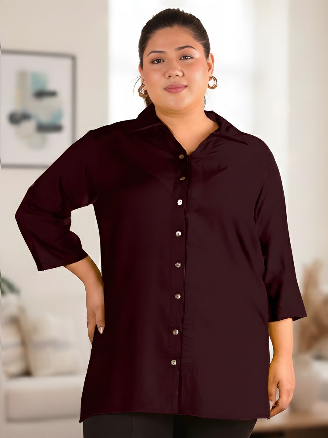 Brown Longline Plus Size Shirt — view 1