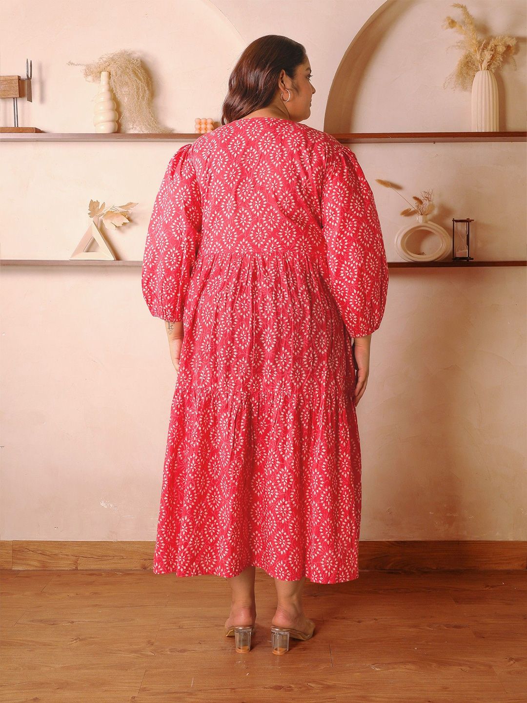 Pink Cotton Print Plus Size Dress — view 4