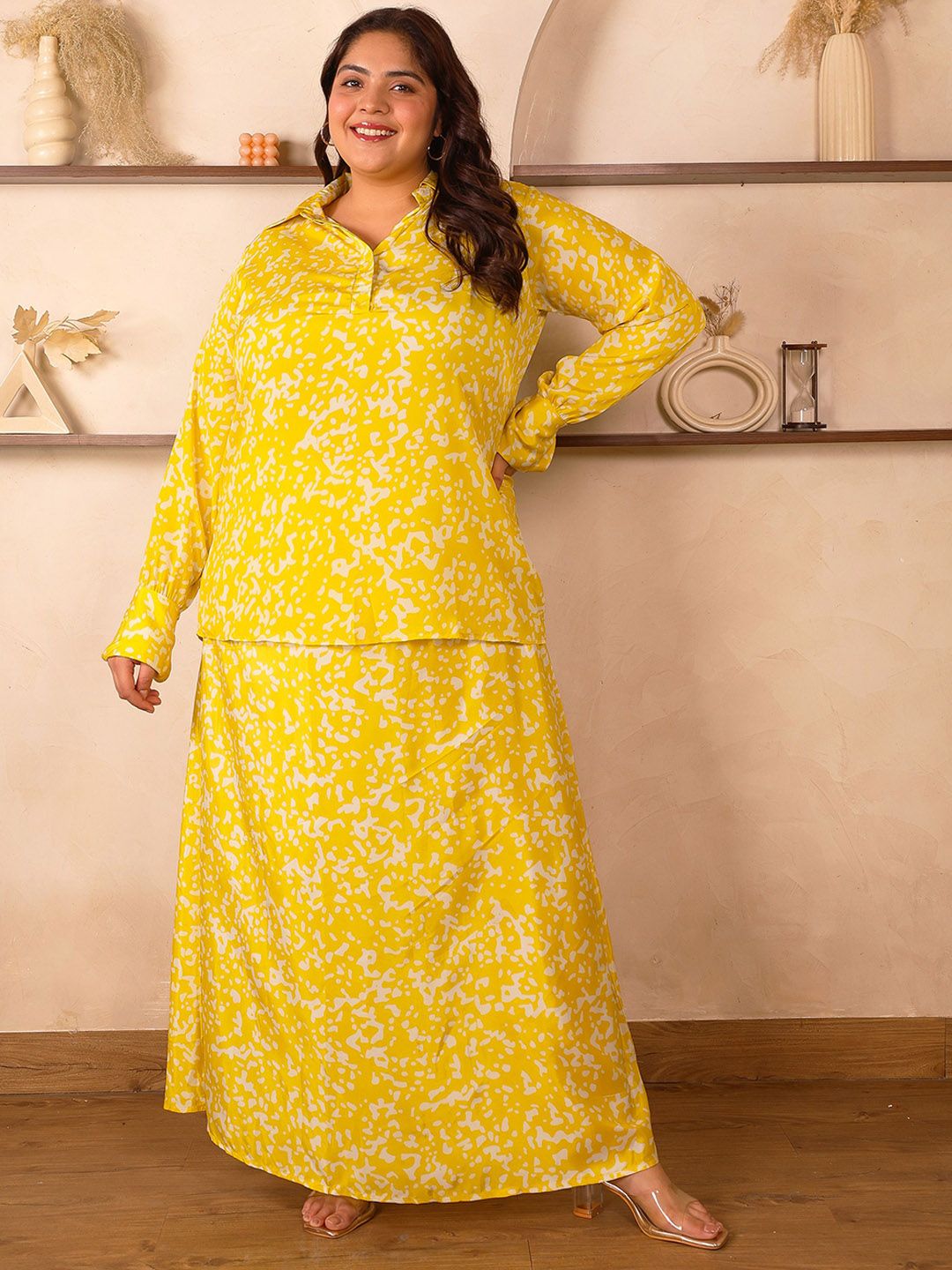 Yellow Satin Print Plus Size Co Ord Set — view 1