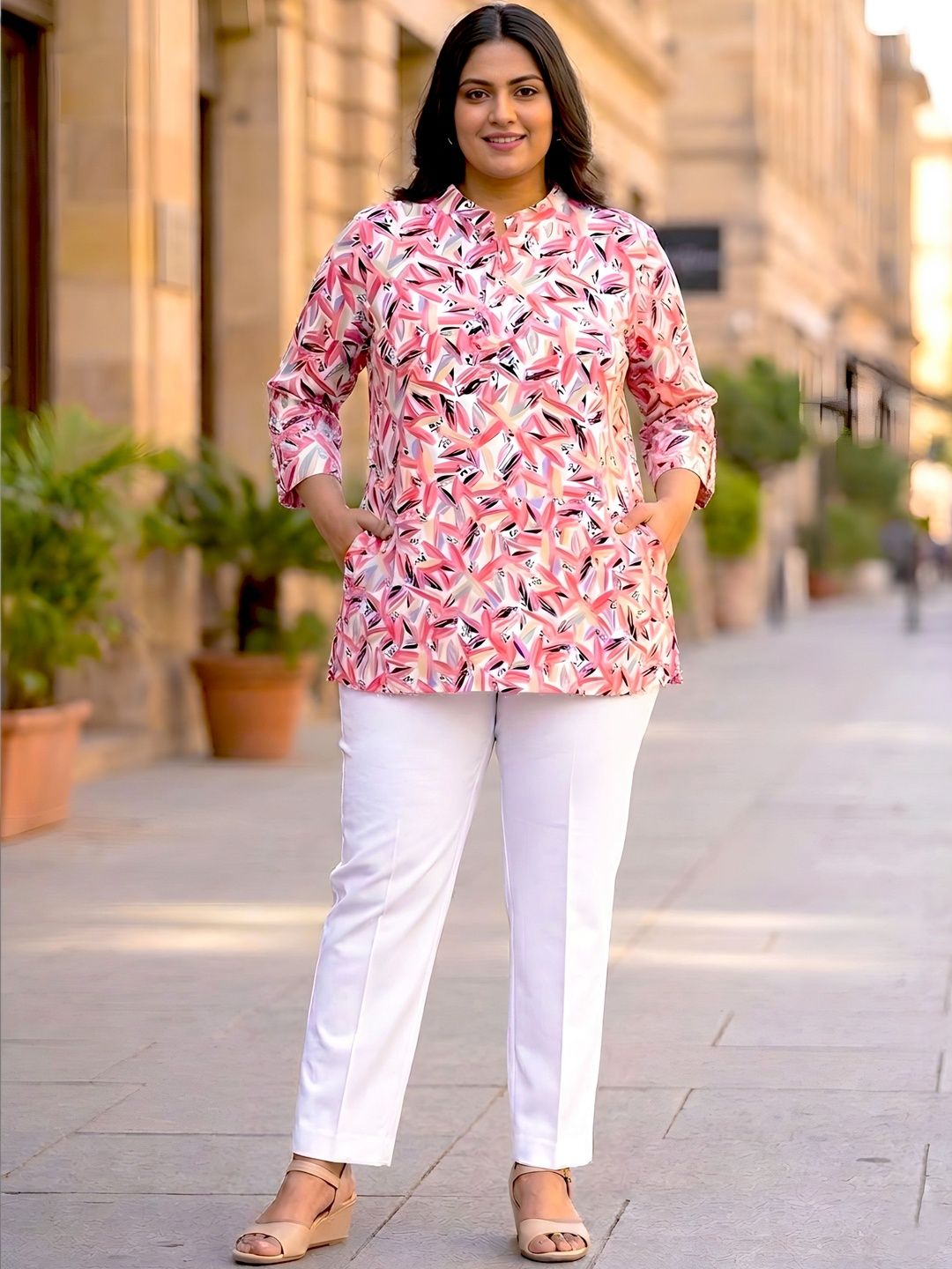 White and Pink Abstract Print Plus Size Tunic — view 4
