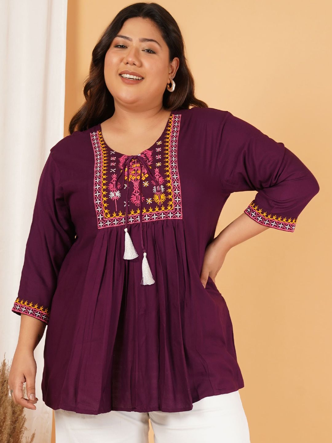 Burgundy Embroidered Plus Size Tunic — view 1