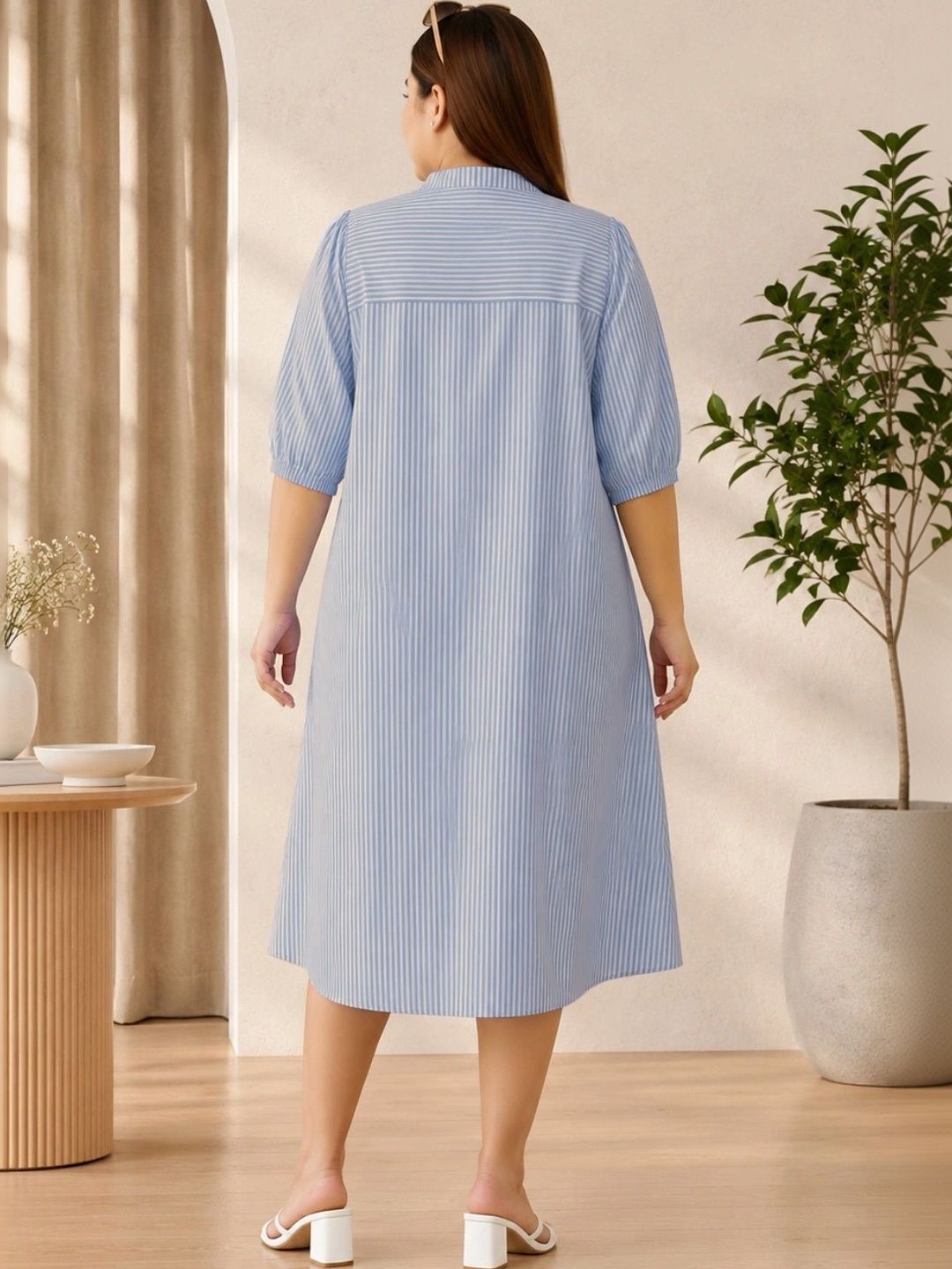 Blue Stripe Print Linen Midi Dress — view 2