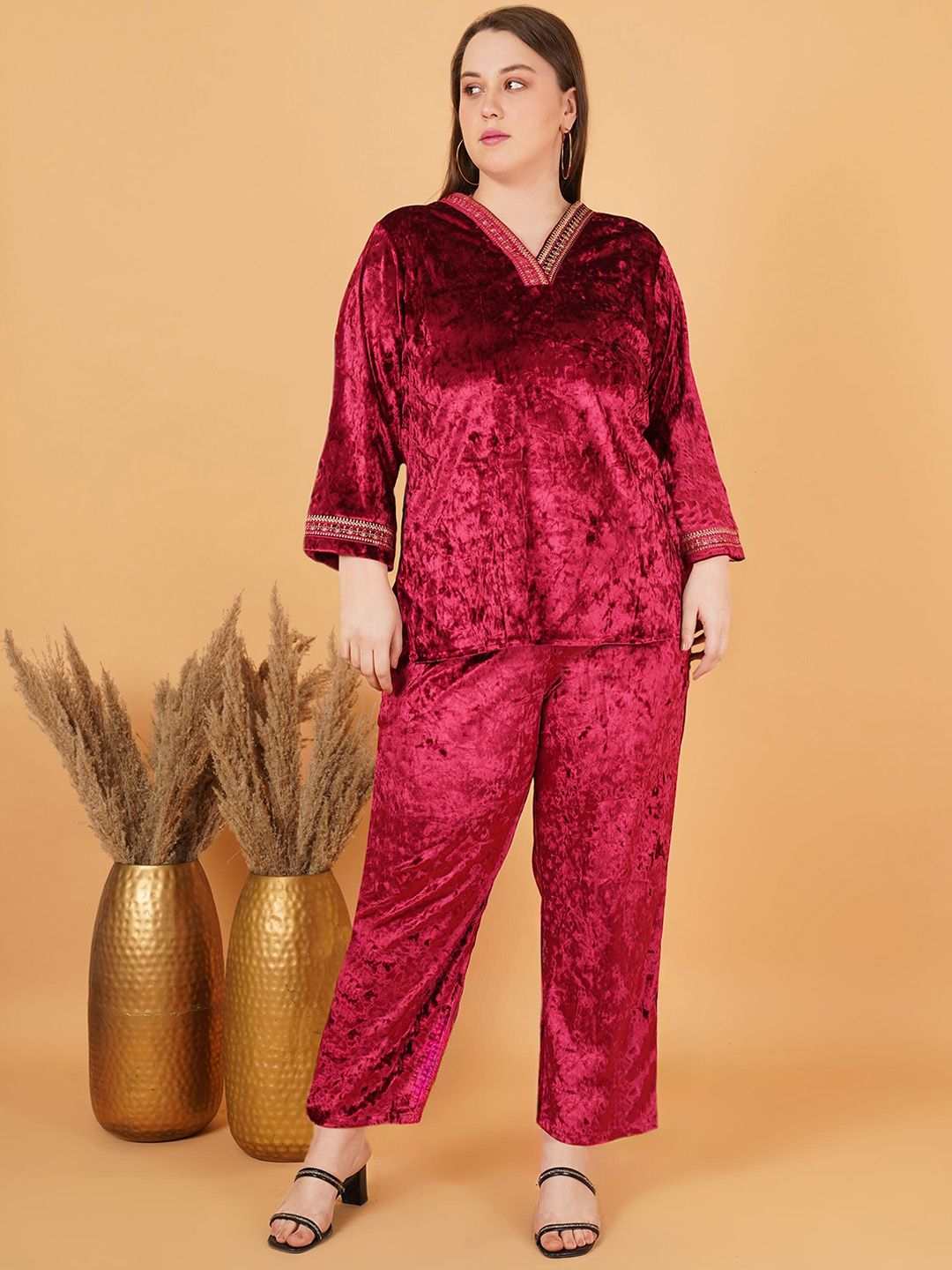 Maroon Velvet Plus Size Co Ord Set — view 1