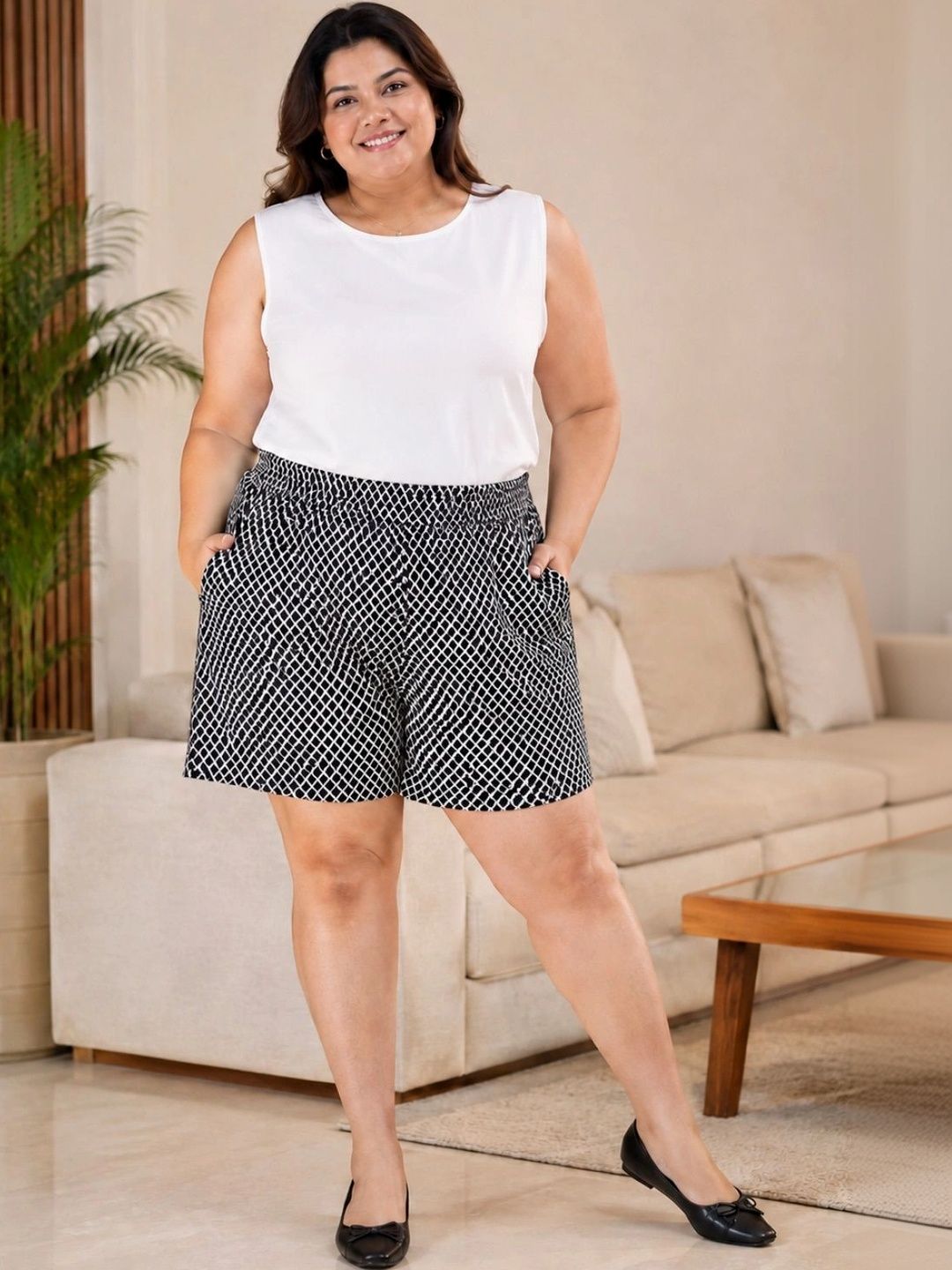 Black and White Diamond Crochet Shorts — view 5