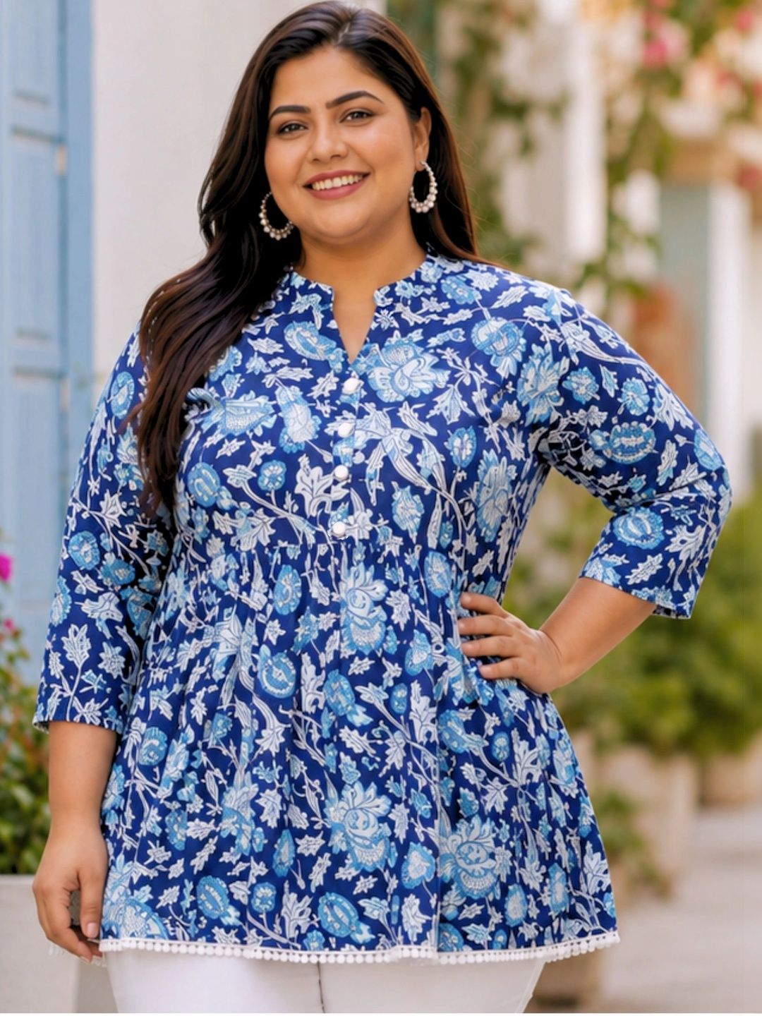 Blue and White Print Cotton Tunic — view 1