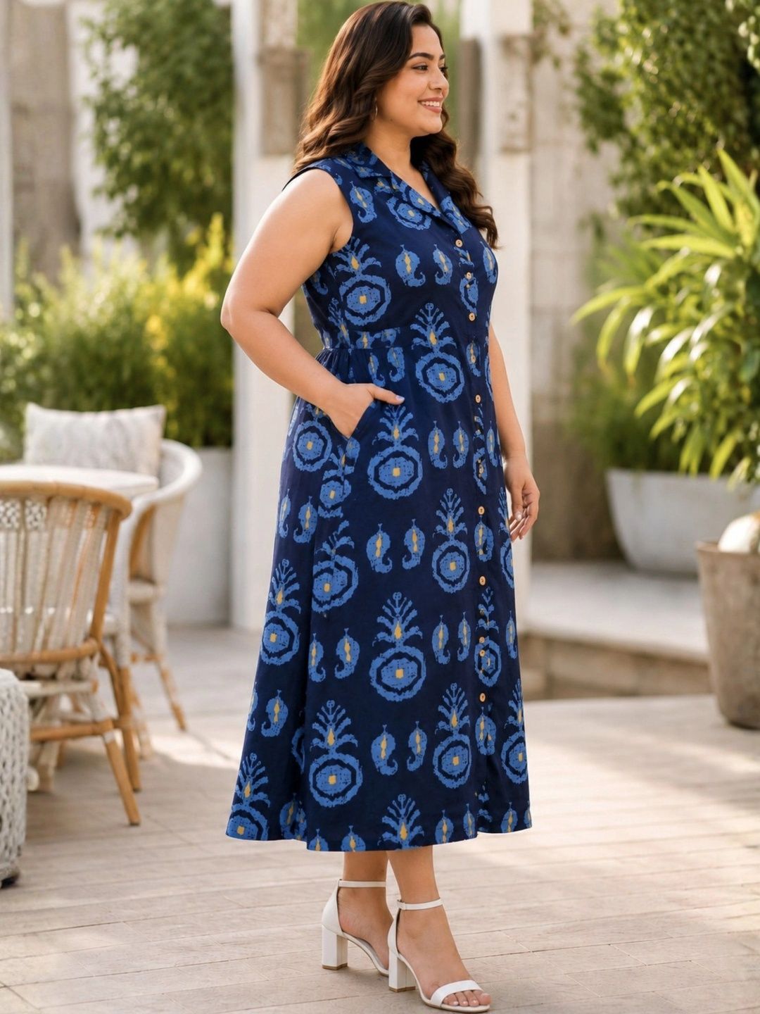 Blue Motif Print Midi Dress — view 3