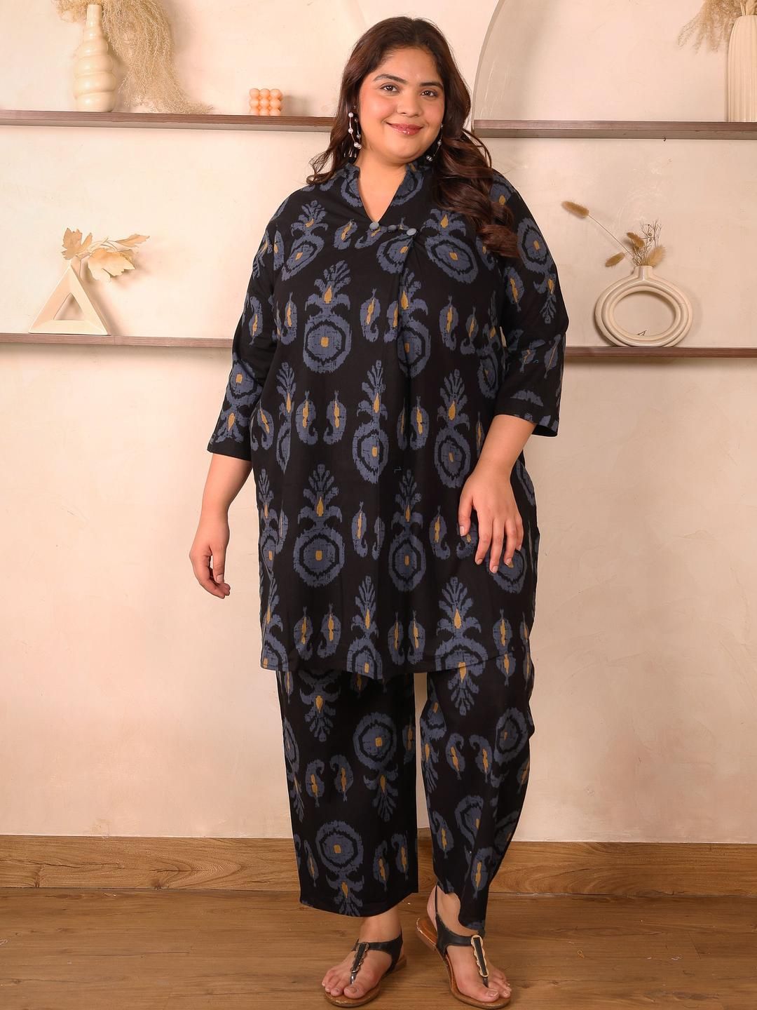 Black Cotton Print Plus Size Co Ord Set — view 1
