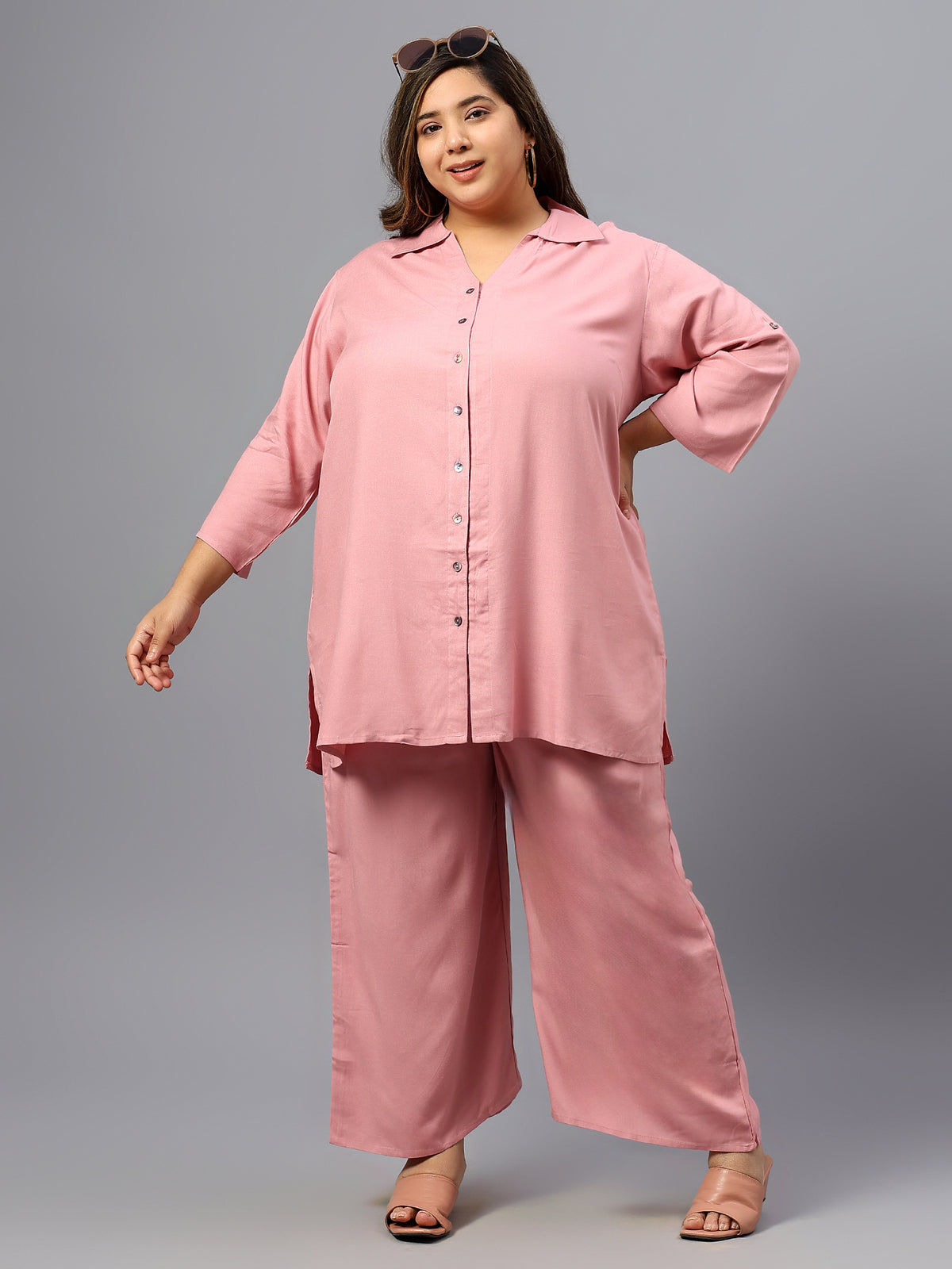 Pink Solid Plus Size Co-Ord Set
