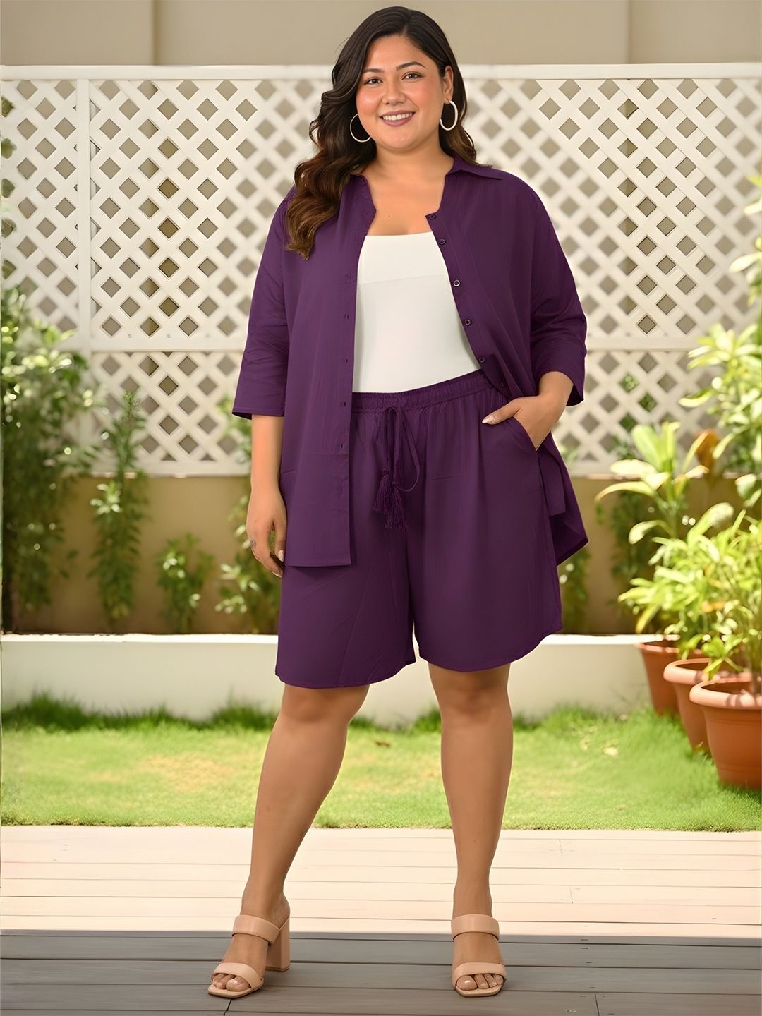 Purple Solid Shirt And Short Set — view 1