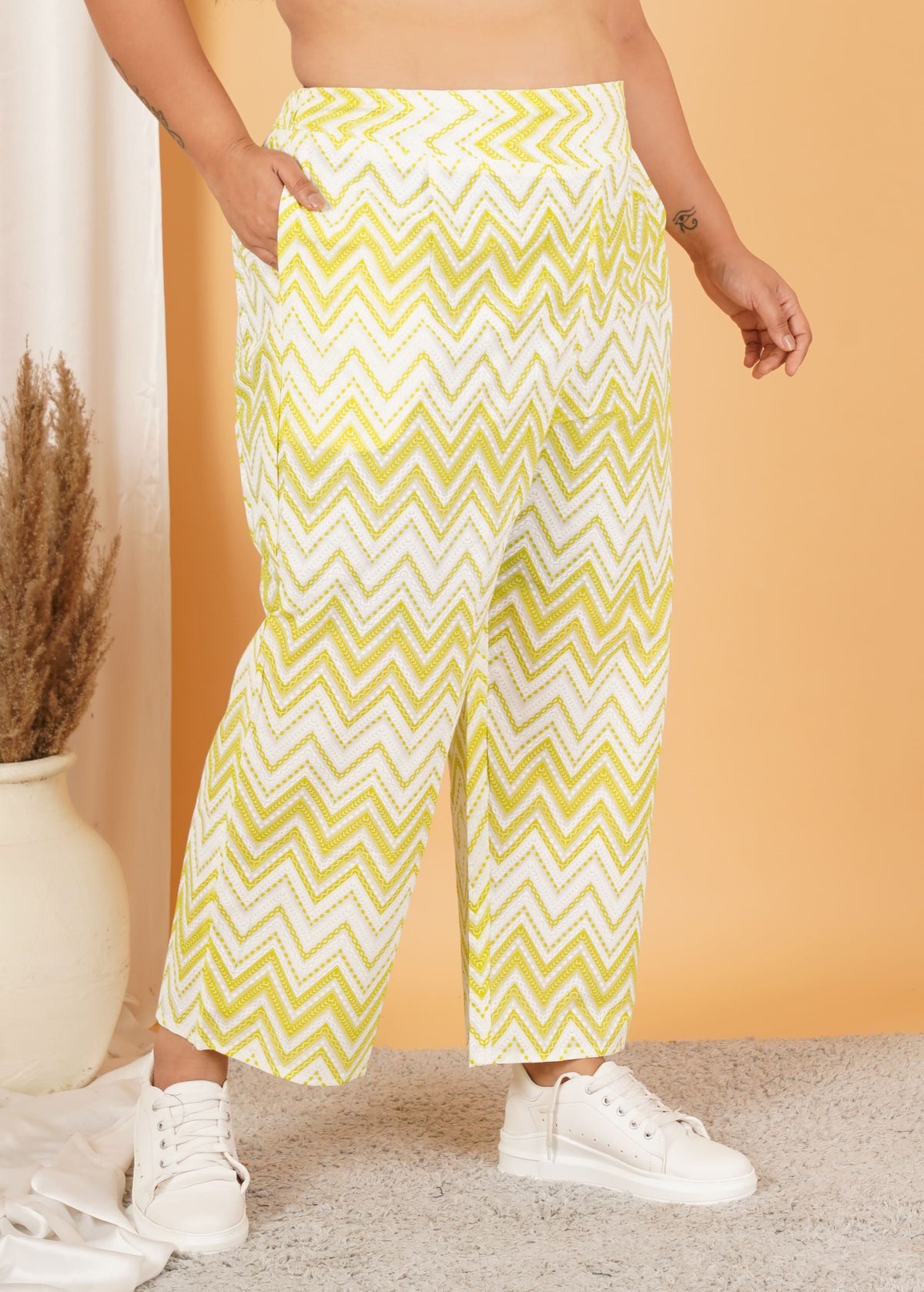 Yellow Stripe Print Plus Size Trouser — view 5