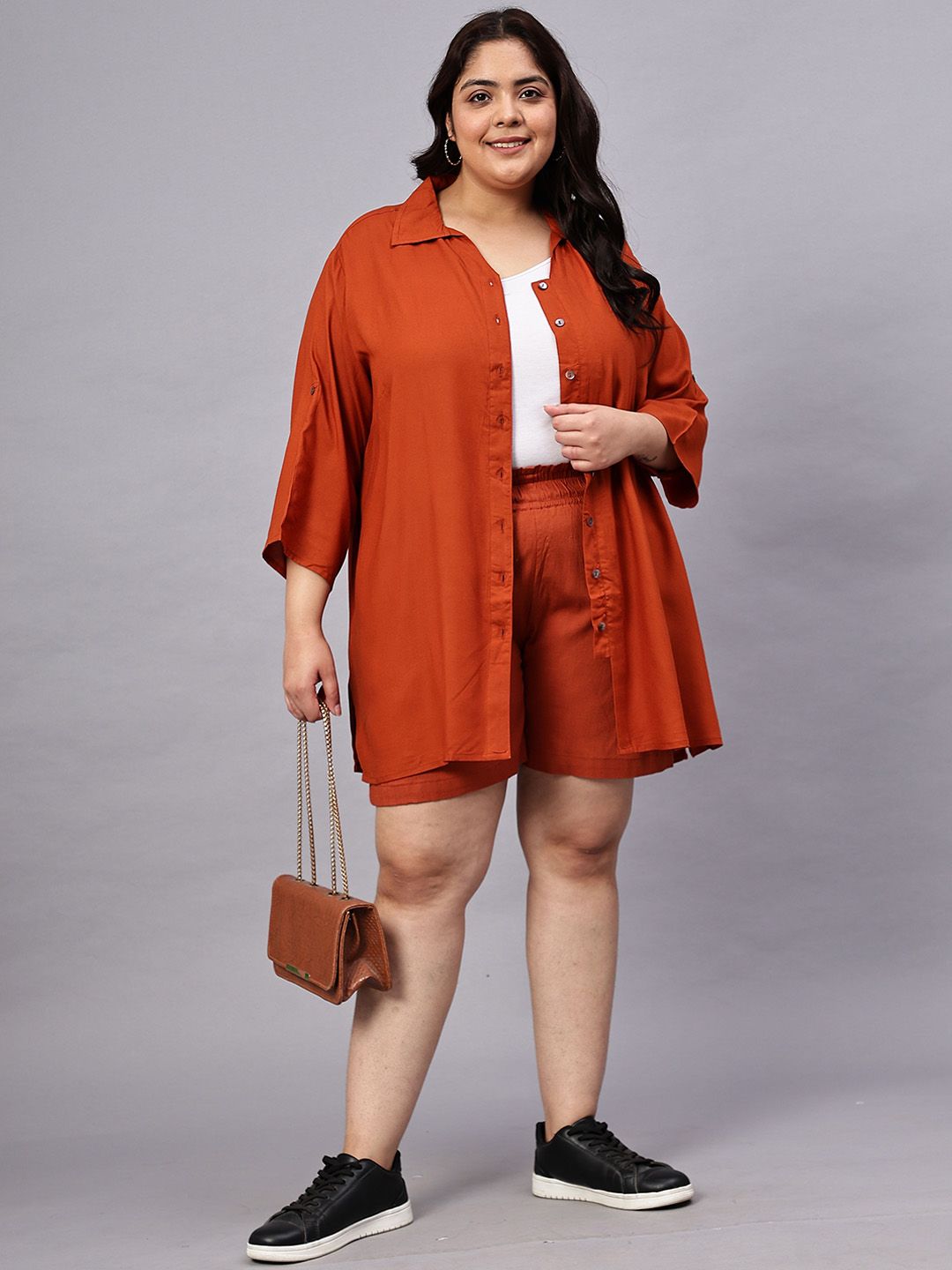 Rust Orange Solid Shirt And Short Set — view 1