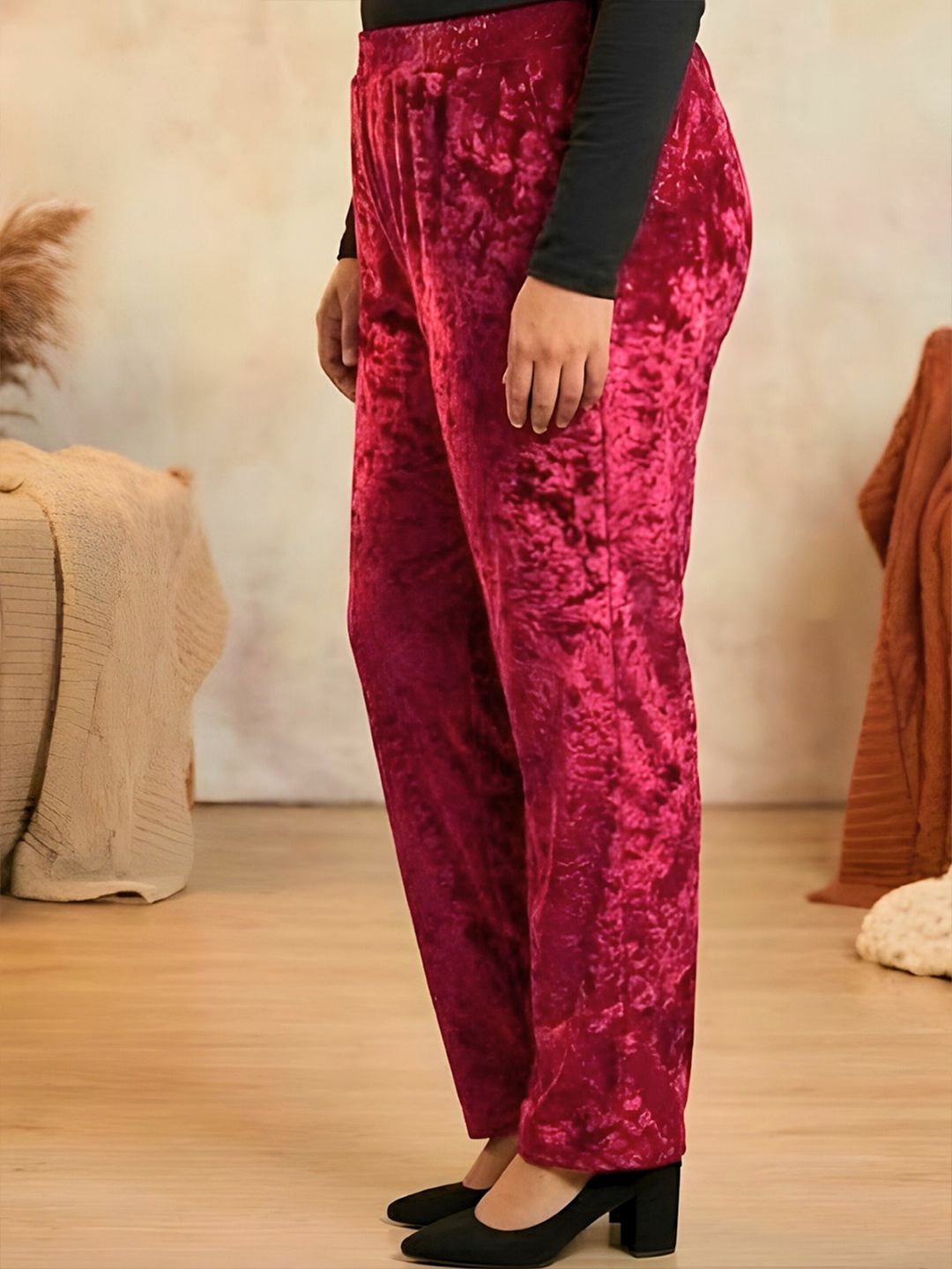 Maroon Velvet Plus Size Trousers — view 3