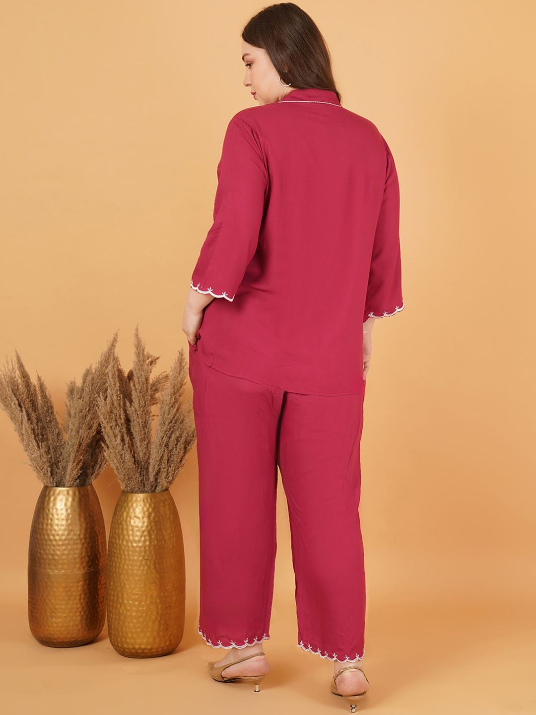 Red Rayon Collar Embroidered Co Ord Set — view 5