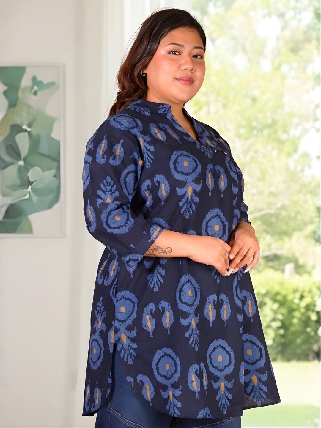 Indigo Blue Cotton Print Plus Size Tunic — view 3