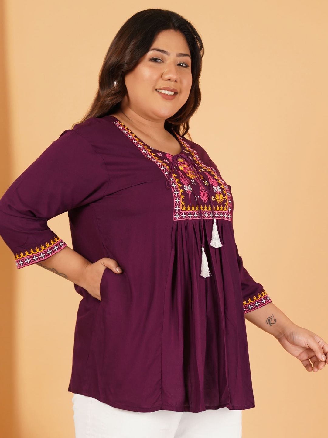 Burgundy Embroidered Plus Size Tunic — view 3