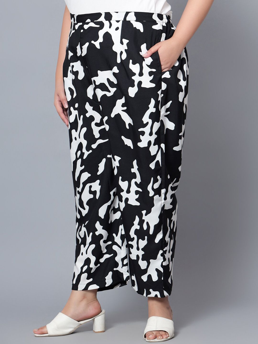 Black and White Abstract Plus Size Trousers — view 3