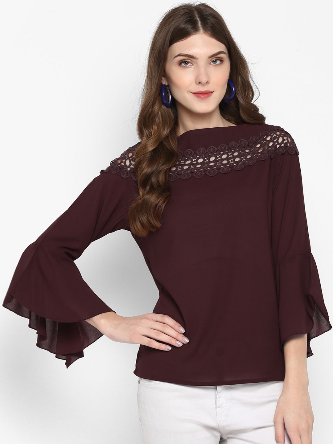 Brown Solid Lace Top — view 1
