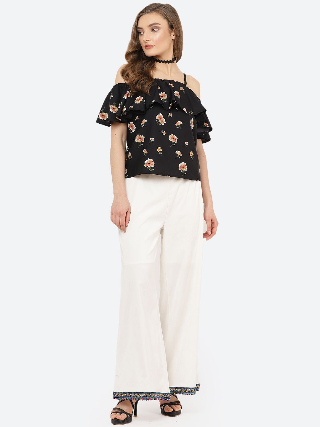 Black Floral Print Cold Shoulder Top — view 5