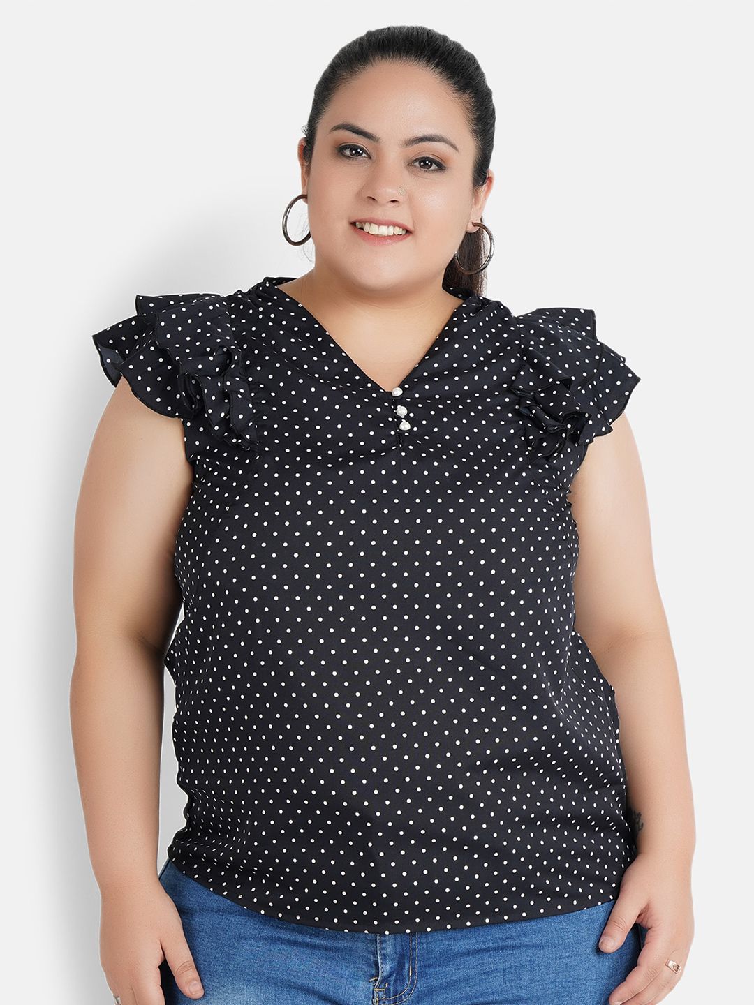 Black Polka Dot Buttoned Ruffle Top — view 1