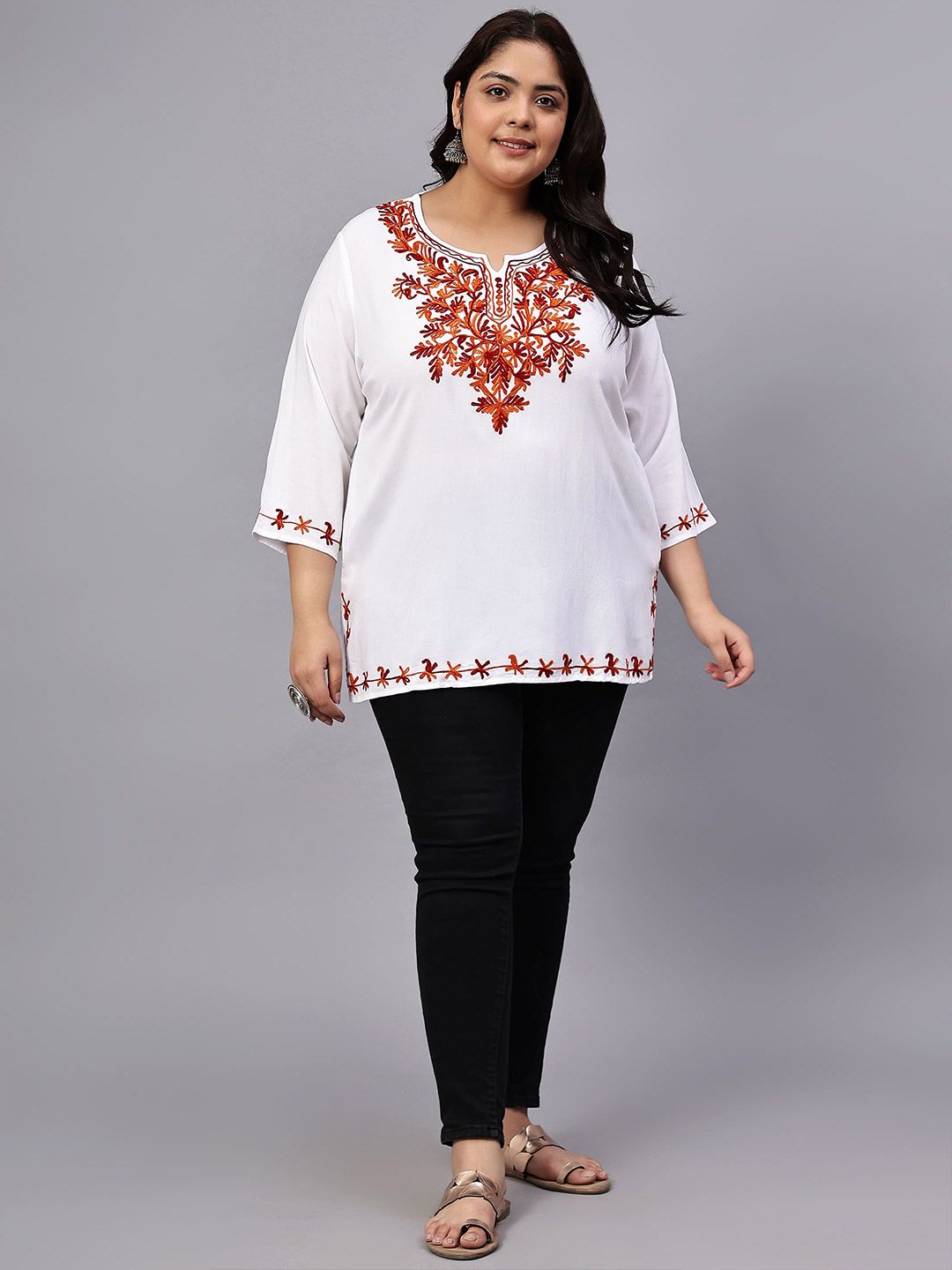 White And Red Embroidered Plus Size Tunic — view 6