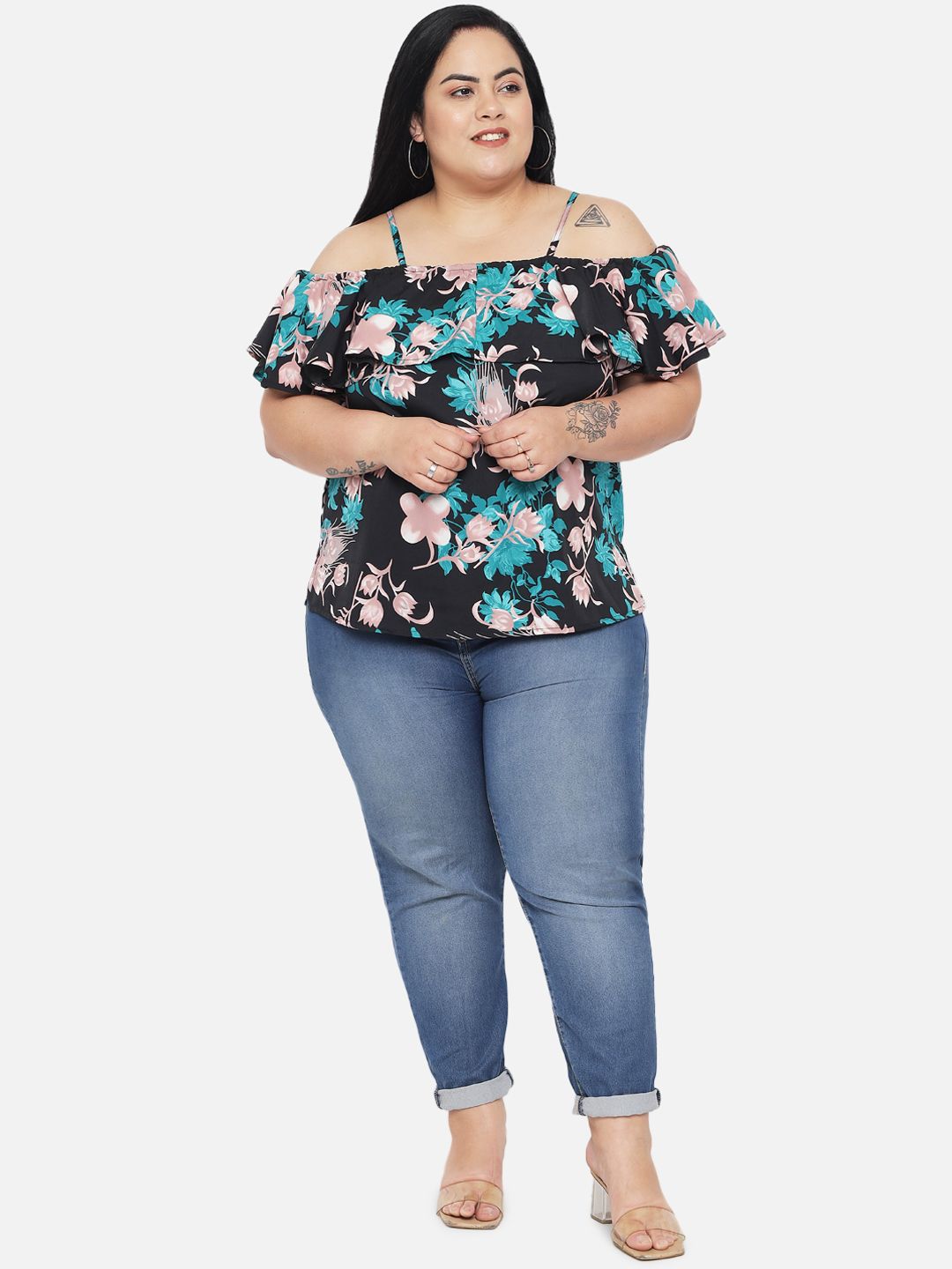 Green Floral Print Plus Size Top — view 6
