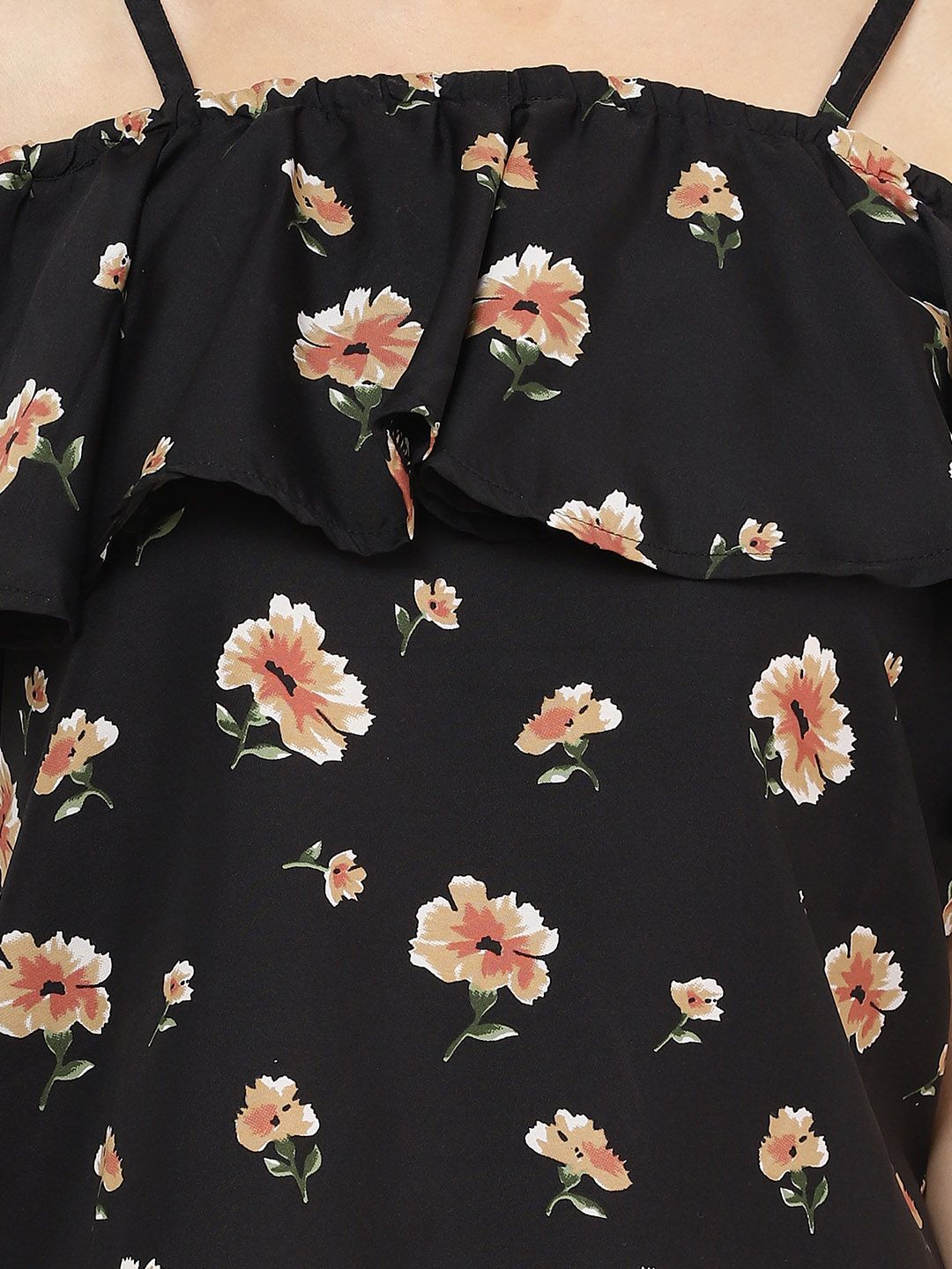 Black Floral Print Cold Shoulder Top — view 2