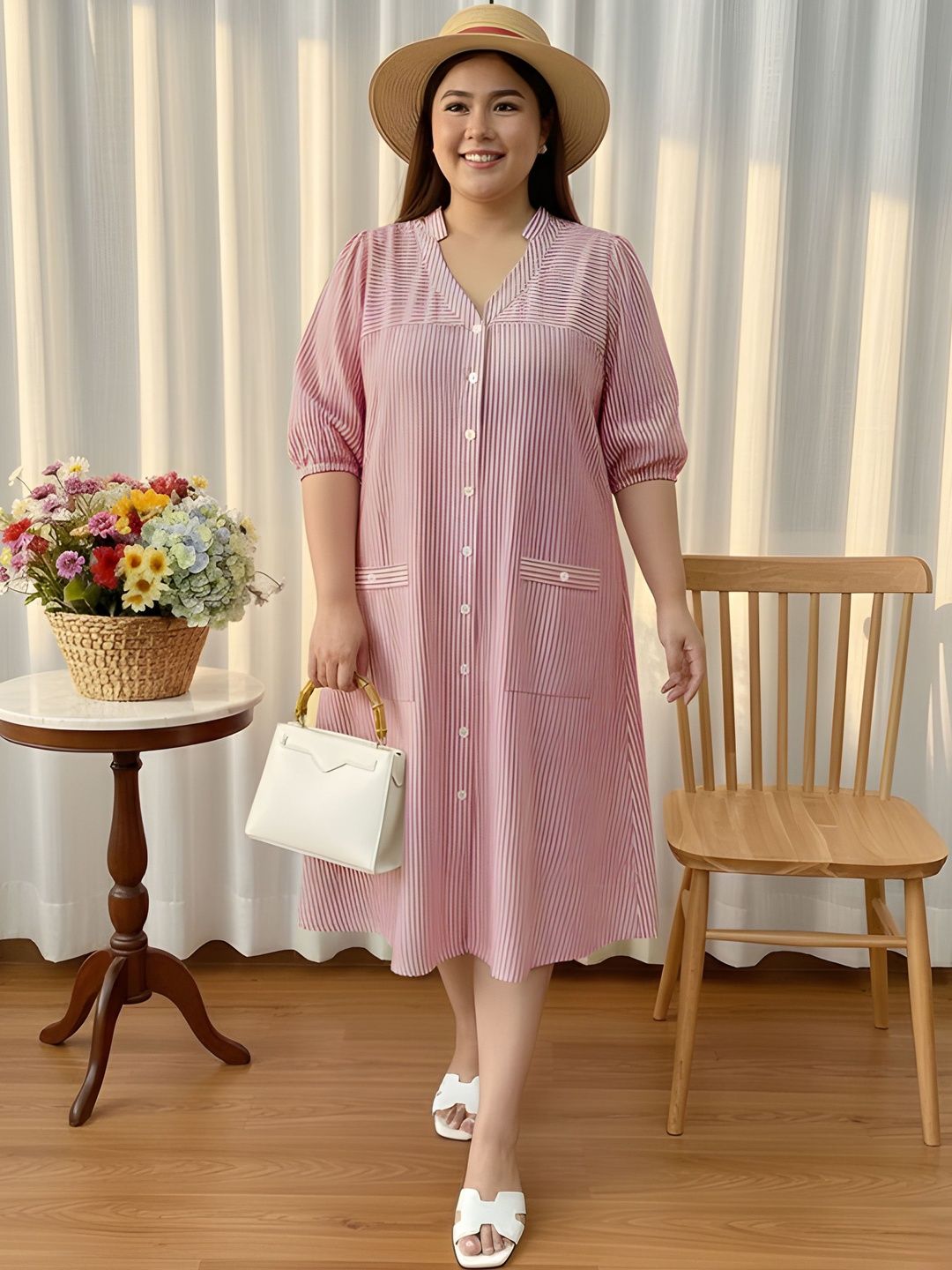 Pink Stripe Print Linen Midi Dress — view 4