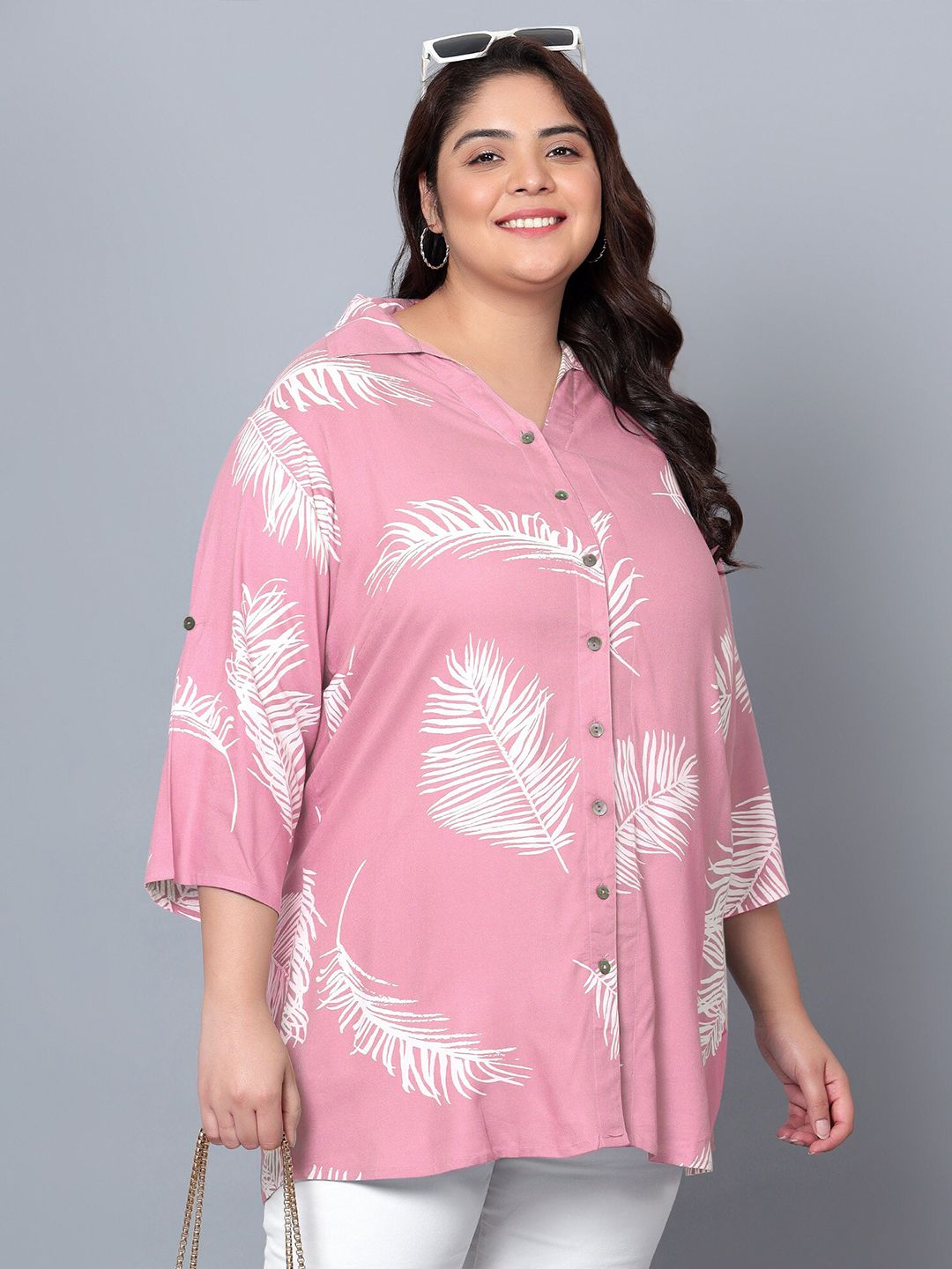 Pink Leaf Print Shirt — view 3