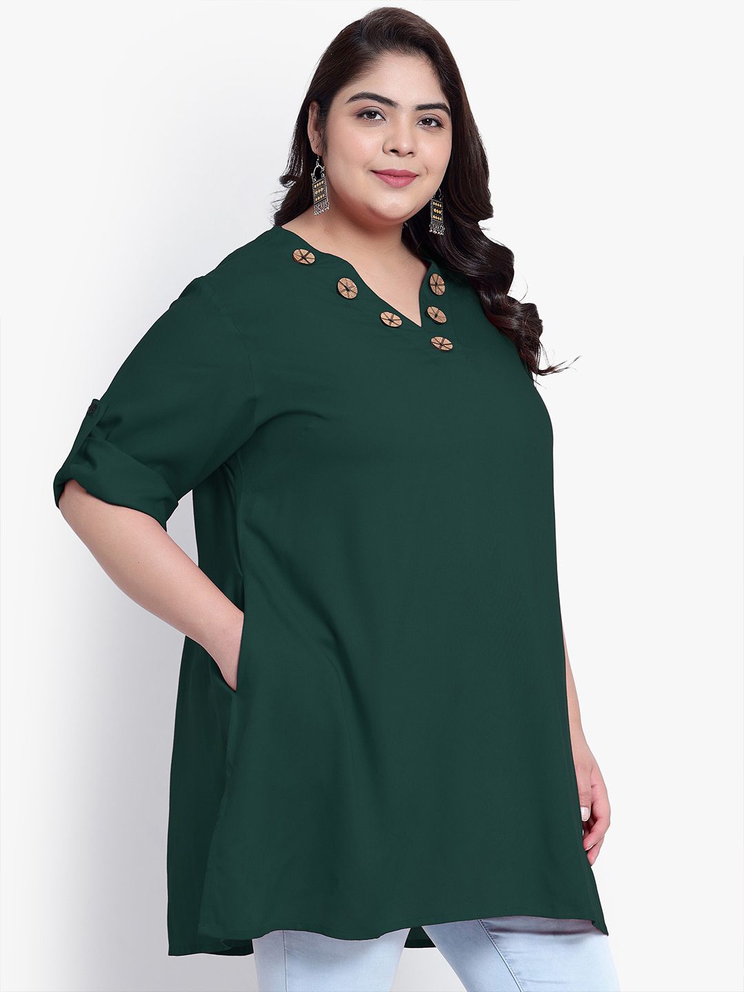 Green Collar Button Plus Size Tunic — view 3