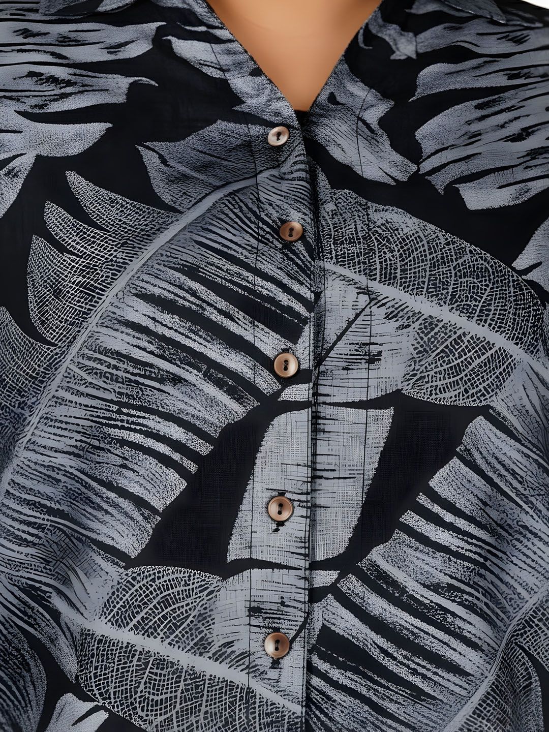 Dark Blue Leaf Print Plus Size Shirt — view 3