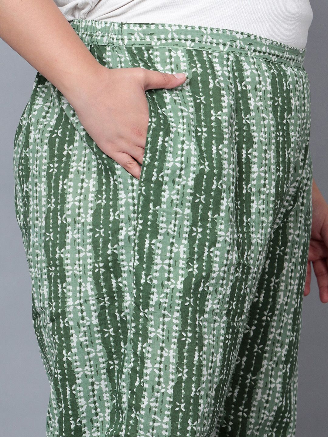 Green Hand Block Print Plus Size Trousers — view 7