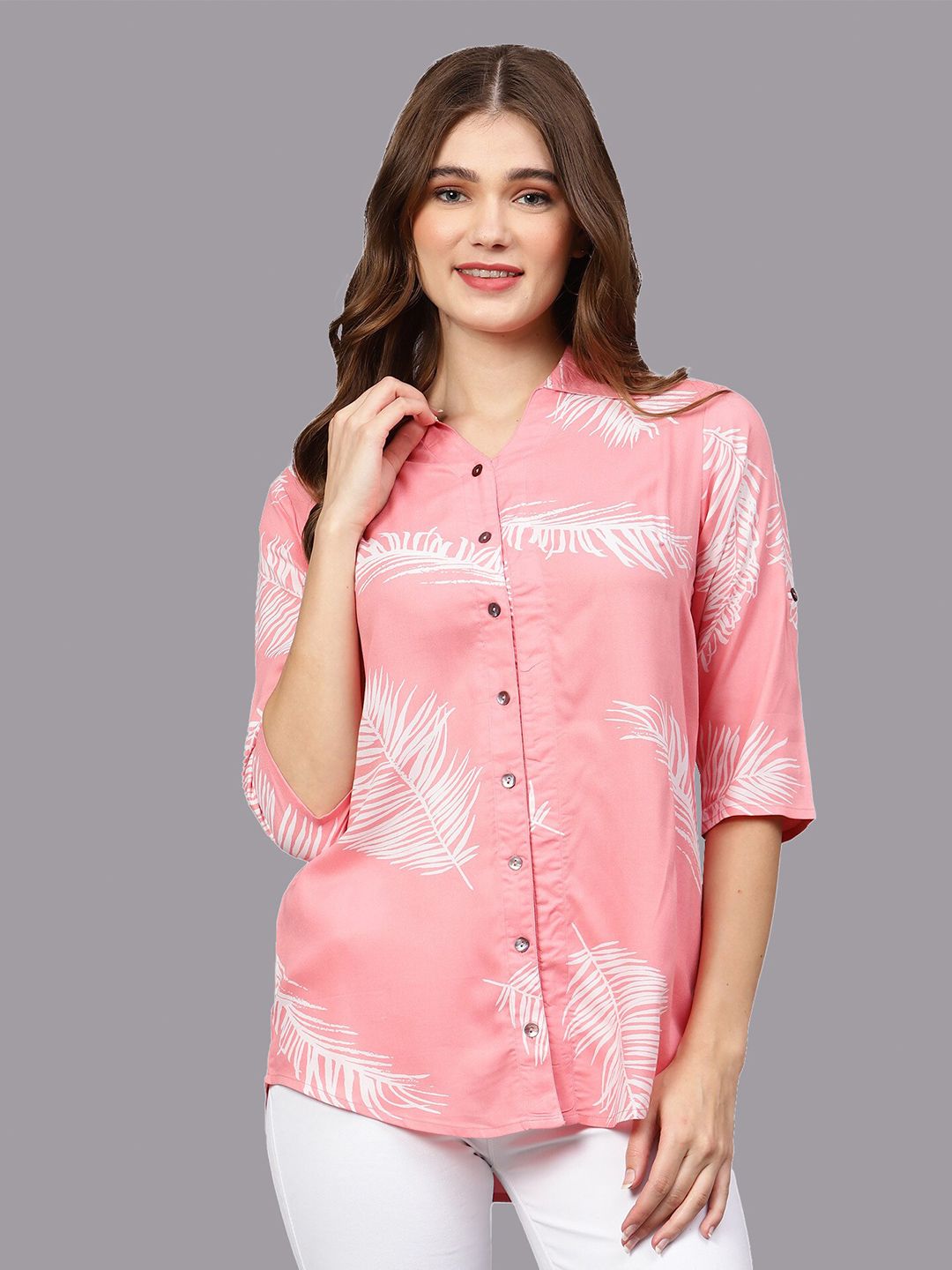 Pink Leaf Print Shirt — view 8