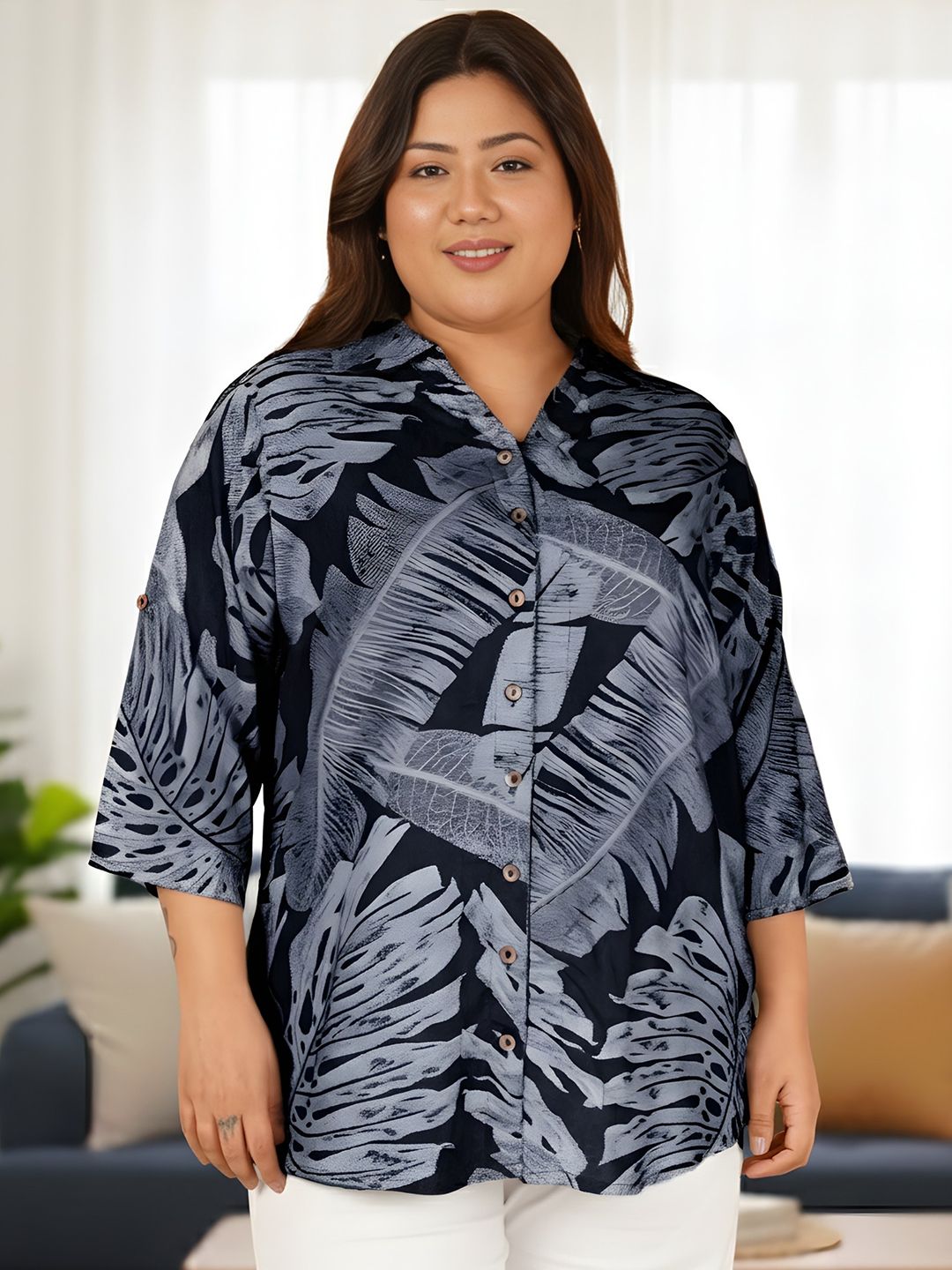 Dark Blue Leaf Print Plus Size Shirt — view 2