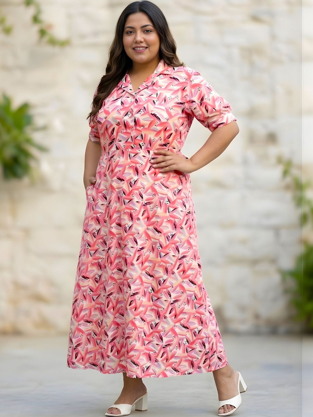 Pink Floral Print Plus Size Dress — view 1