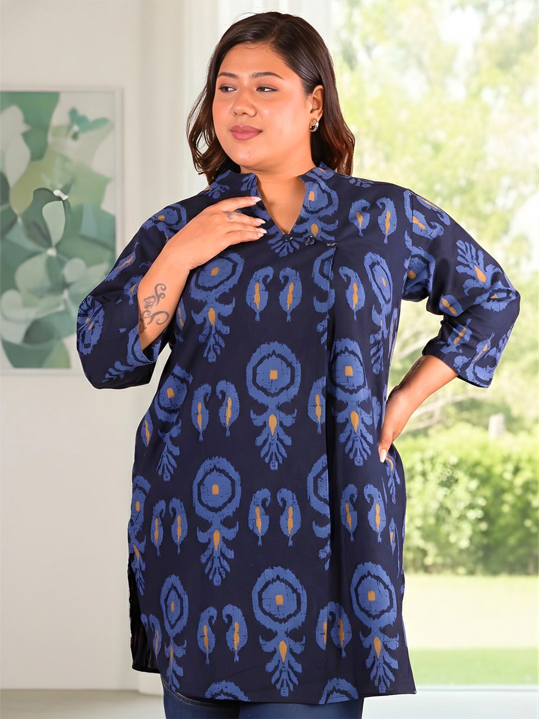Indigo Blue Cotton Print Plus Size Tunic — view 1