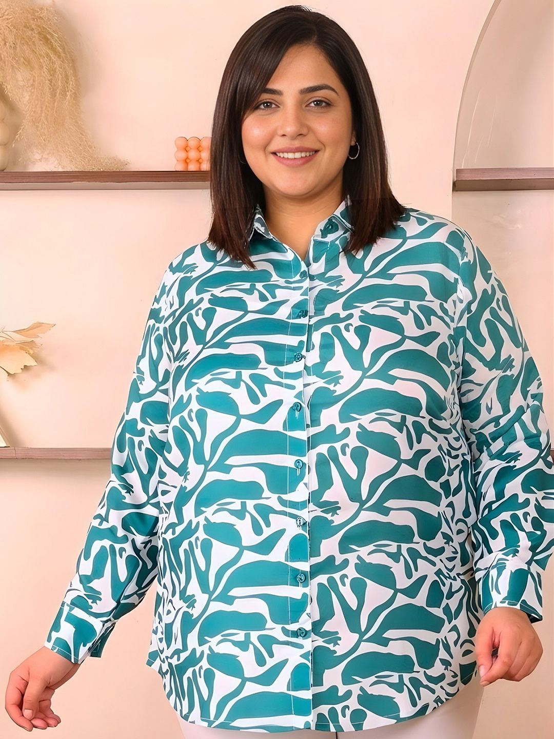 Green and White Abstract Plus Size Shirt — view 6