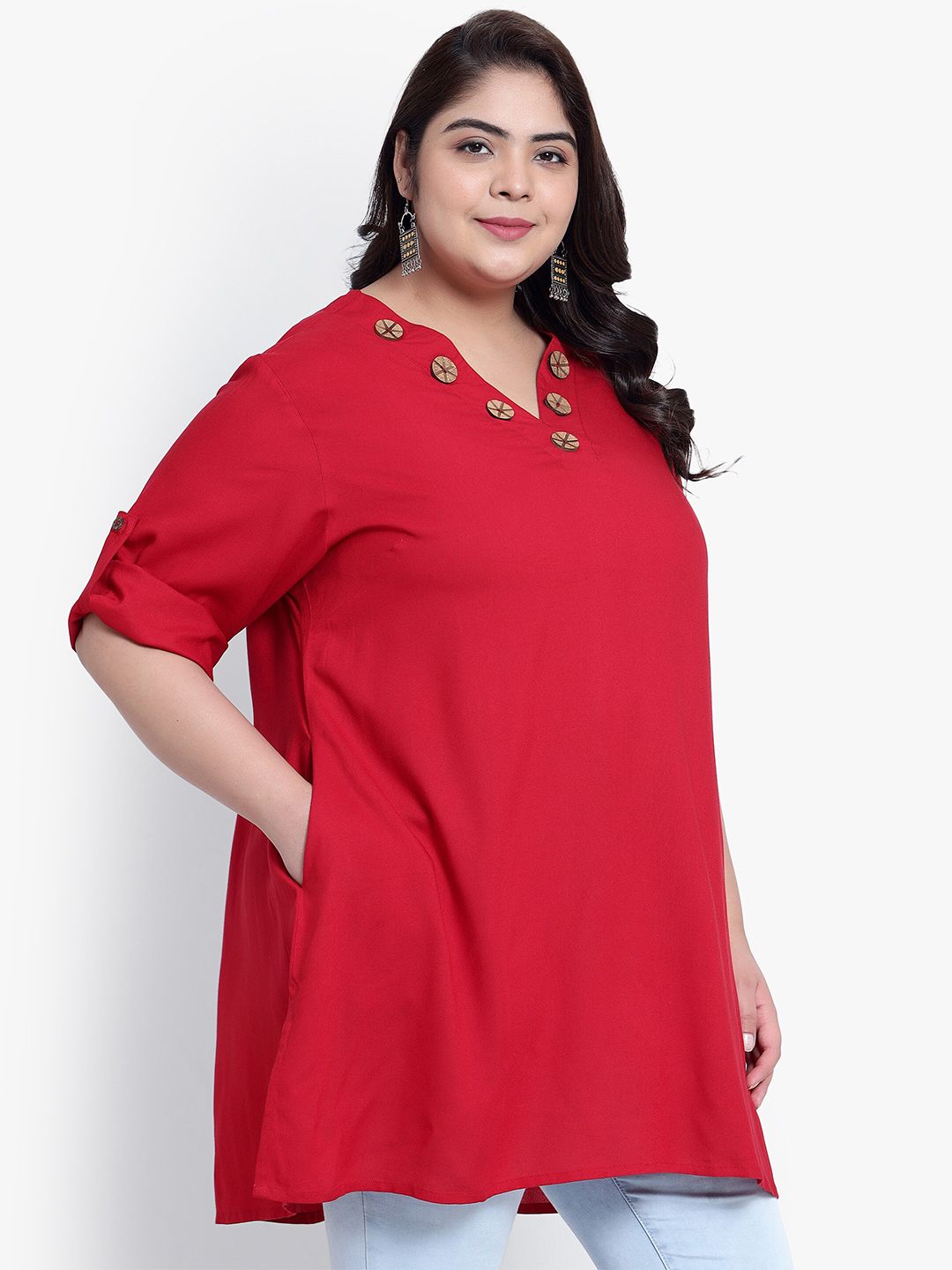 Maroon Collar Button Plus Size Tunic — view 3