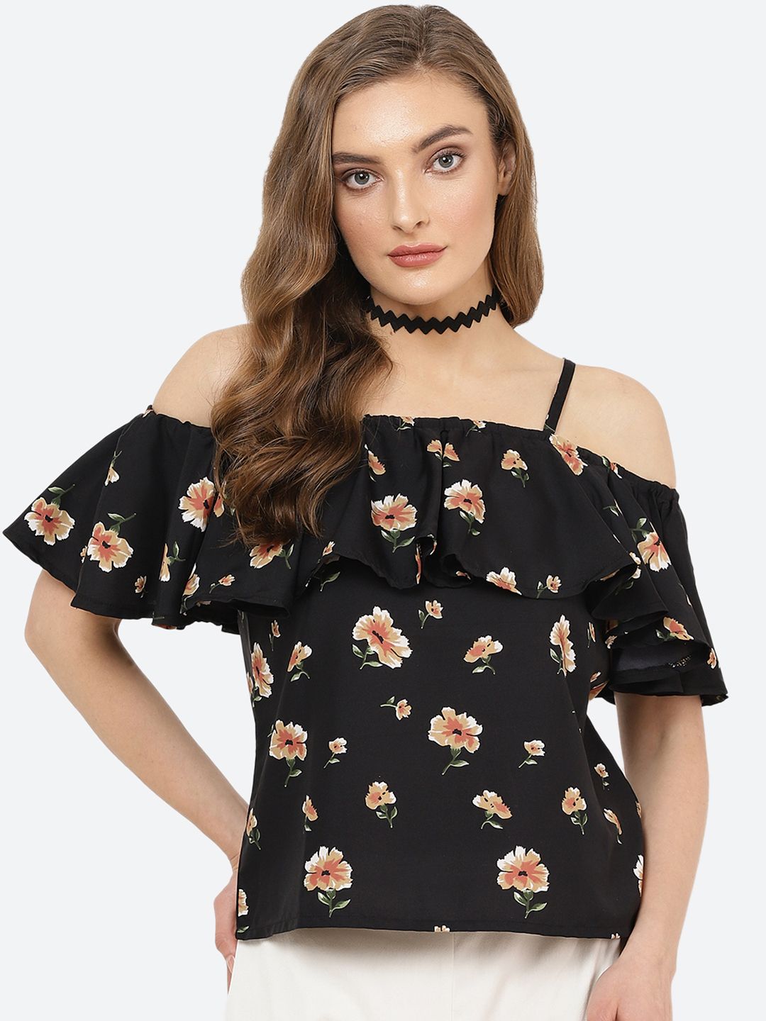Black Floral Print Cold Shoulder Top — view 1