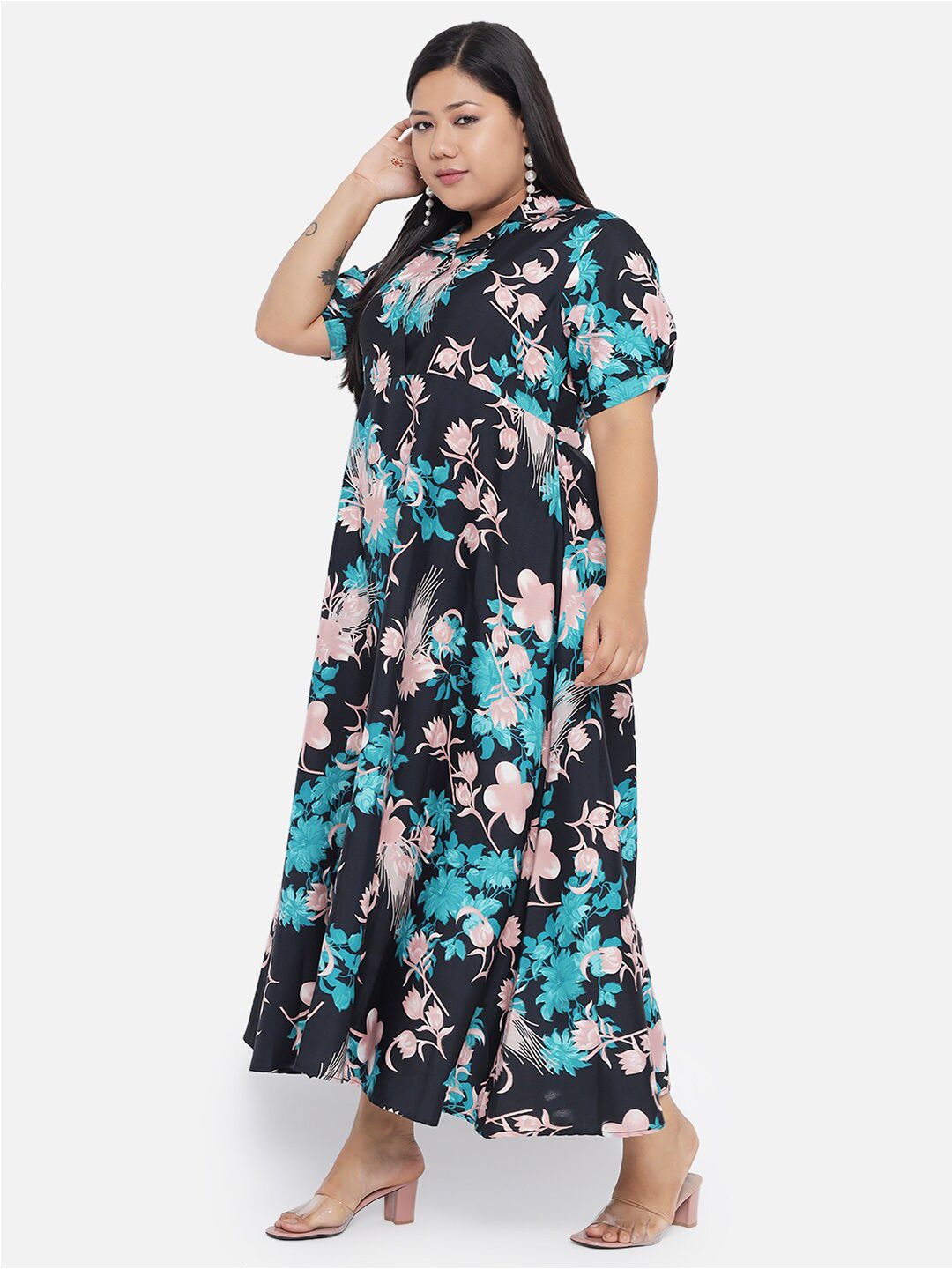 Black and Green Floral Plus Size Dress — view 4