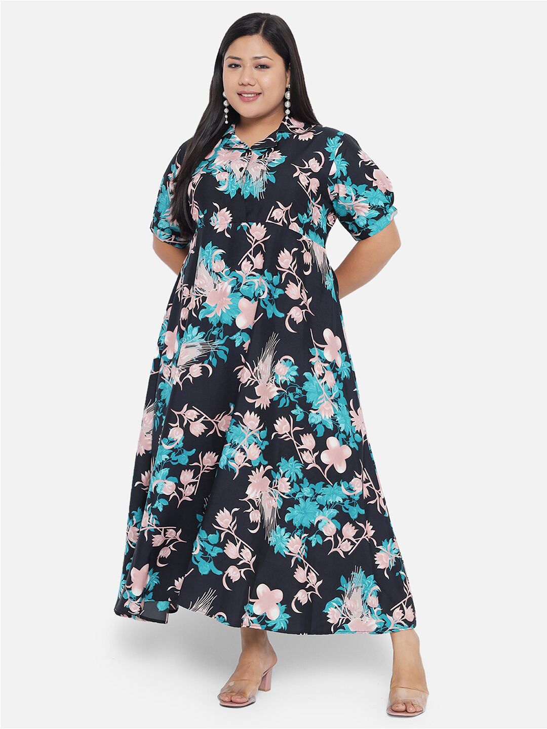 Black and Green Floral Plus Size Dress — view 7